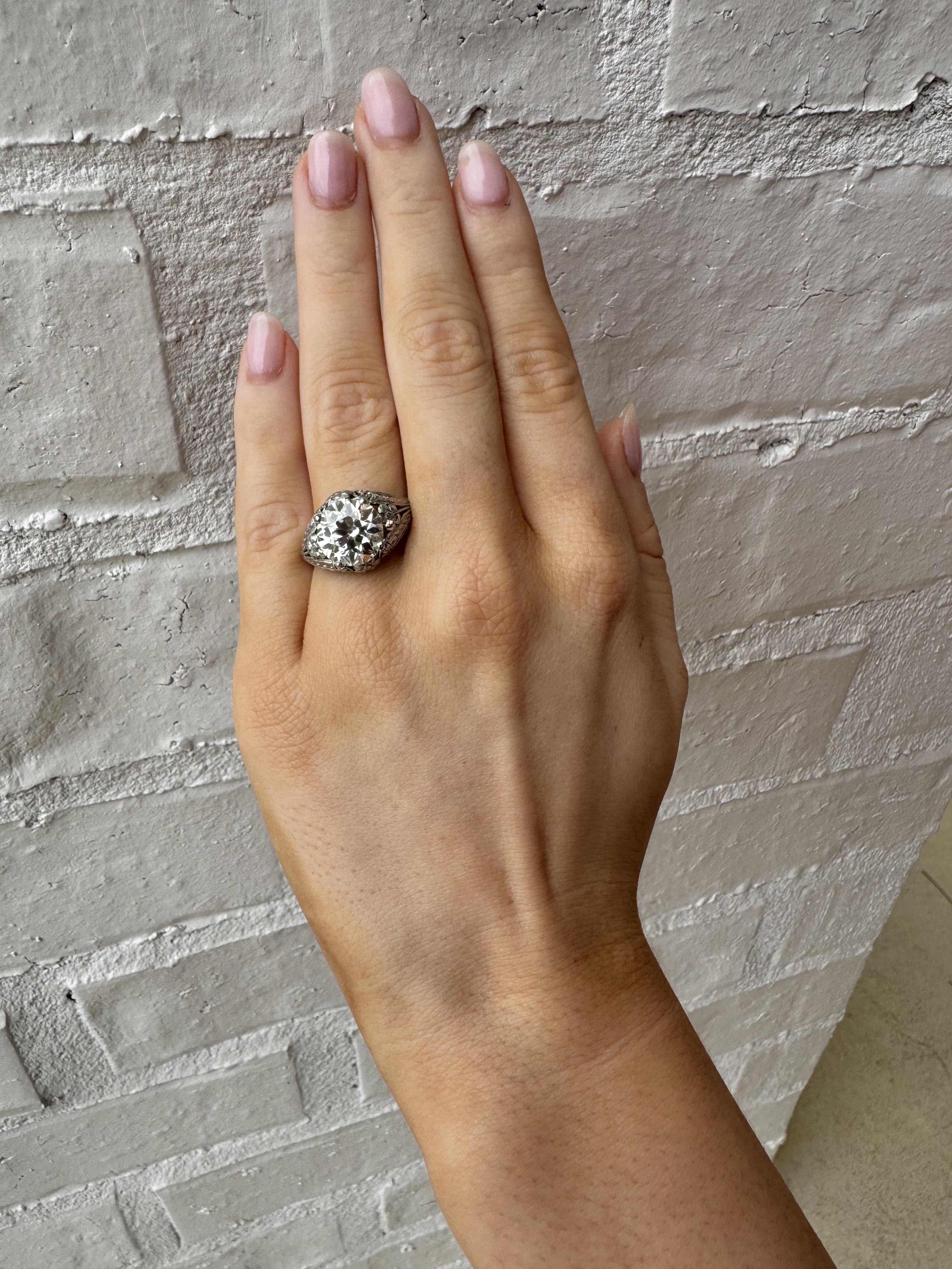 Edwardian Antique 3.77 Carat Old European Cut Diamond Platinum Engagement Ring GIA For Sale