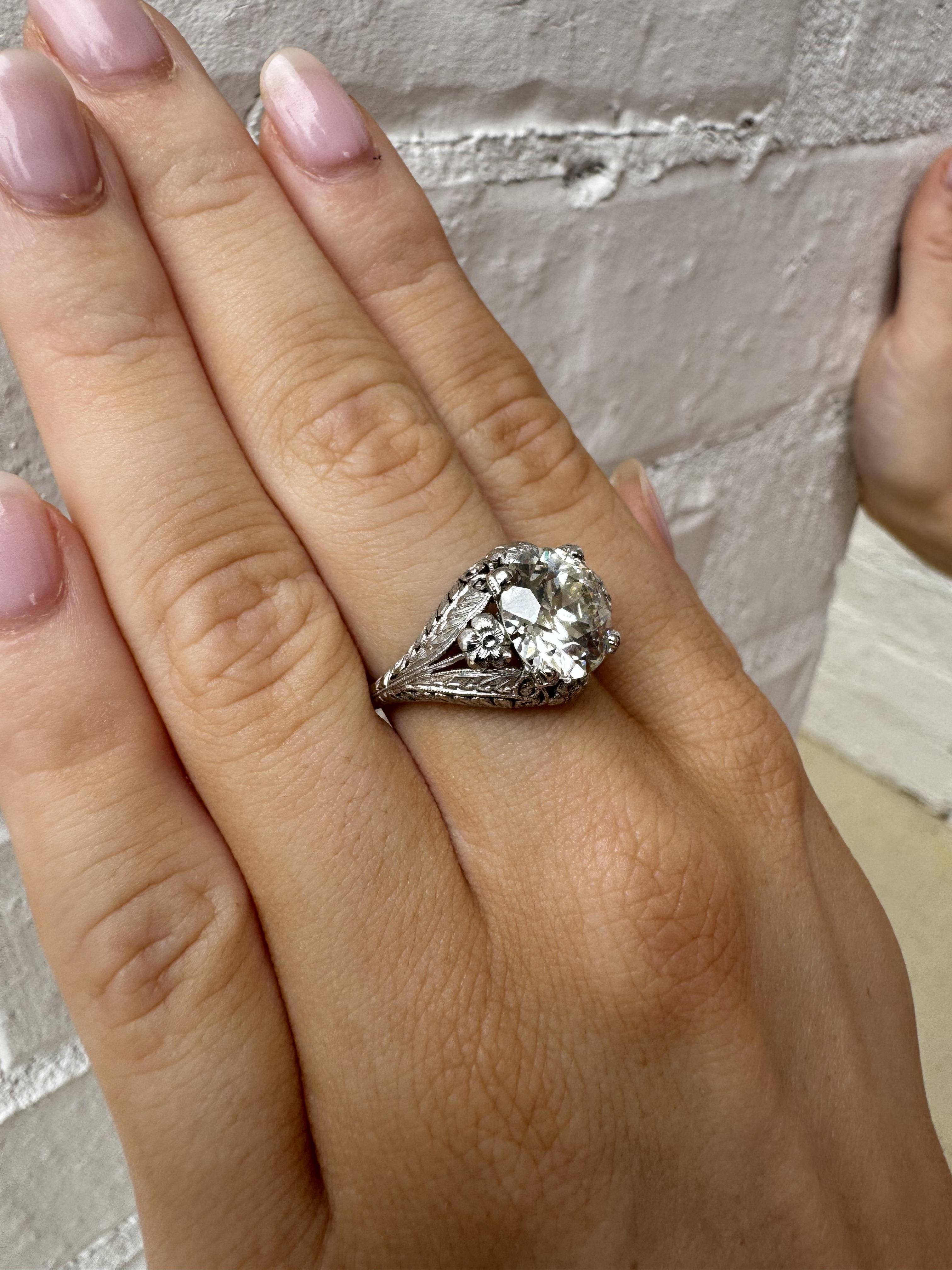 Women's Antique 3.77 Carat Old European Cut Diamond Platinum Engagement Ring GIA For Sale