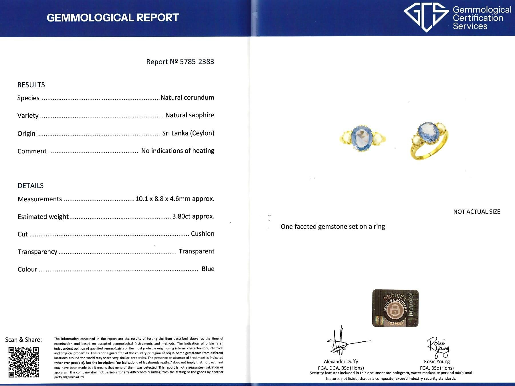 Anello antico a trilogia in oro giallo 18 carati con zaffiro di Ceylon e perla naturale da 3,80 carati in vendita 8