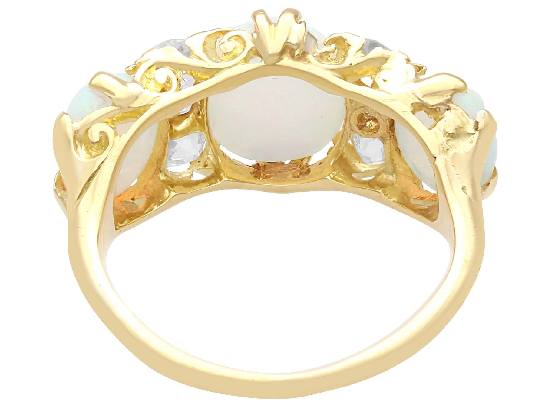 Cabochon Antique 3.90 Carat Opal and 0.50 Carat Diamond Yellow Gold Trilogy Ring   For Sale