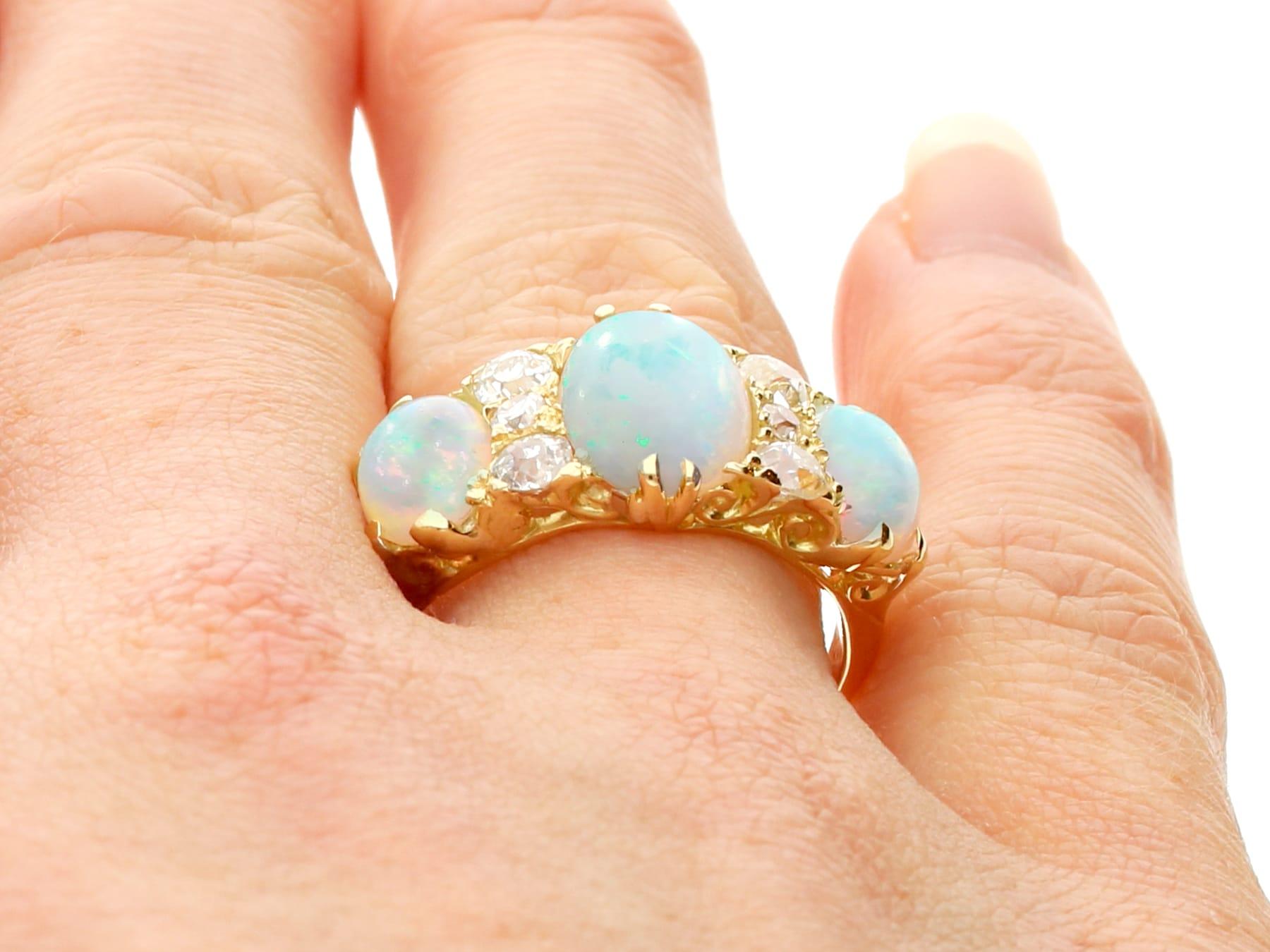 Antique 3.90 Carat Opal and 0.50 Carat Diamond Yellow Gold Trilogy Ring   For Sale 2