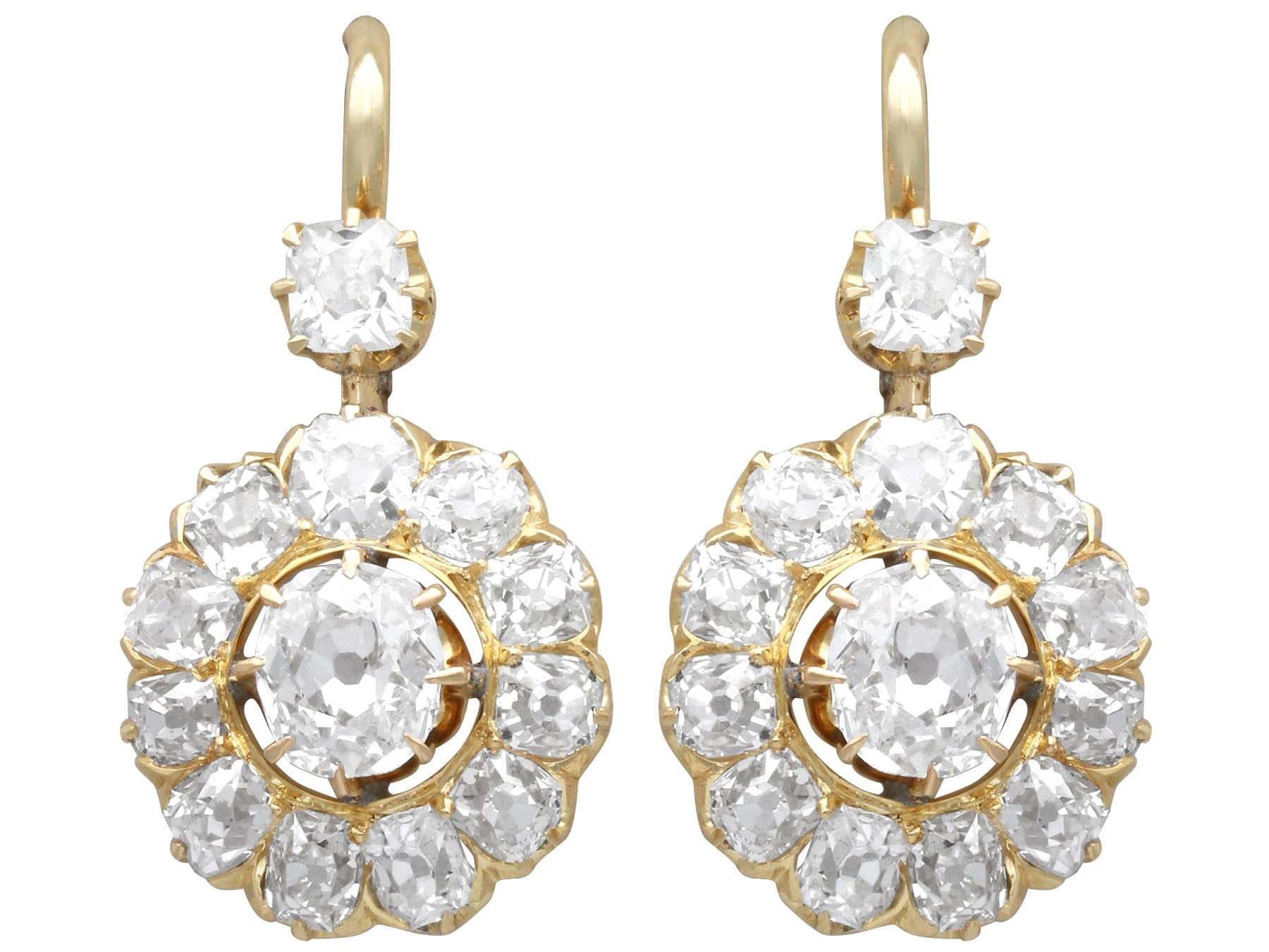 Antique 3.91 Carat Diamond and 15k Yellow Gold Cluster Drop Earrings Circa 1870