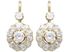 Antique 3.91 Carat Diamond and 15k Yellow Gold Cluster Drop Earrings Circa 1870