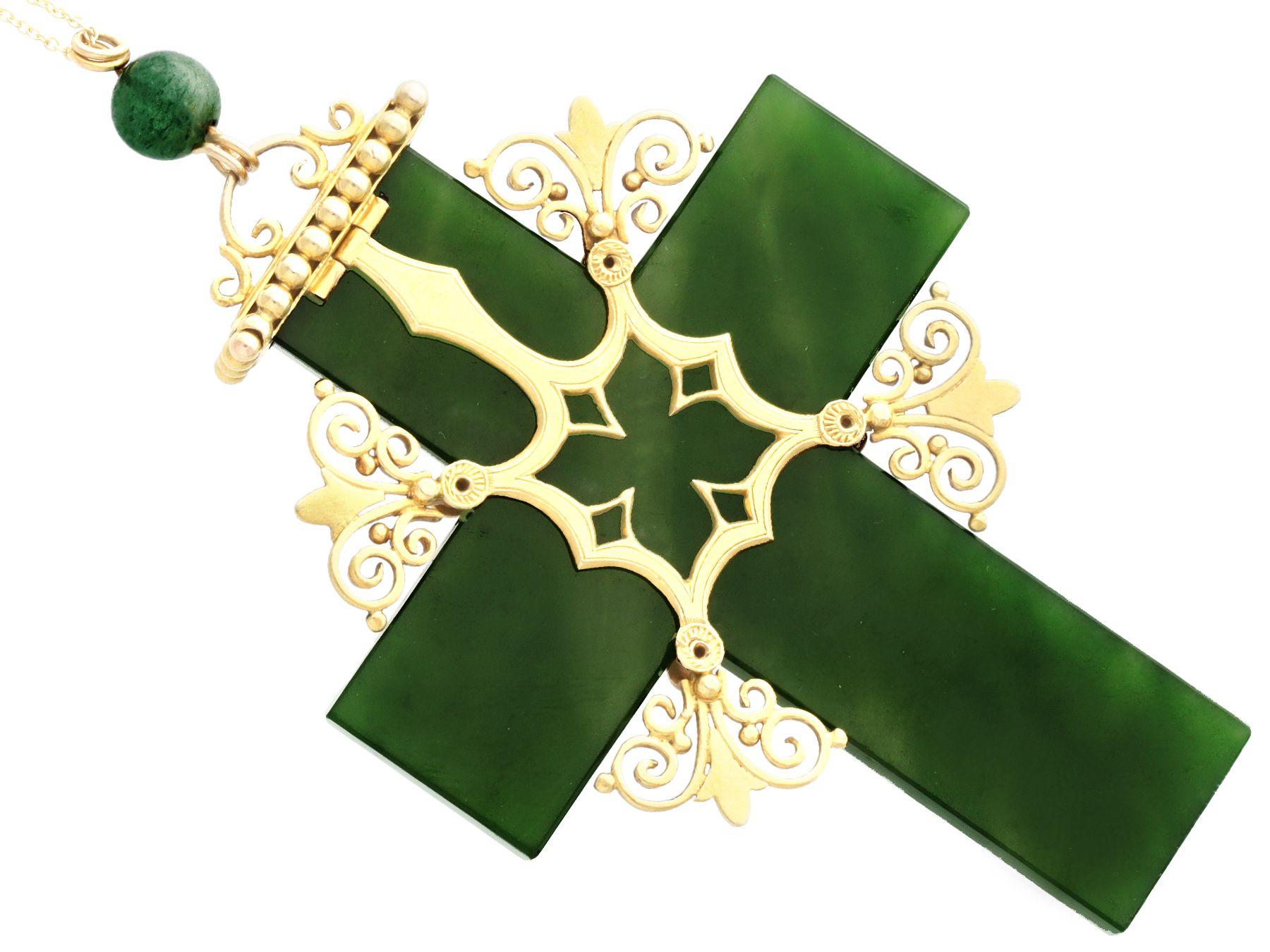 Victorian Antique 39.32 Carat Nephrite and Yellow Gold Cross Pendant For Sale