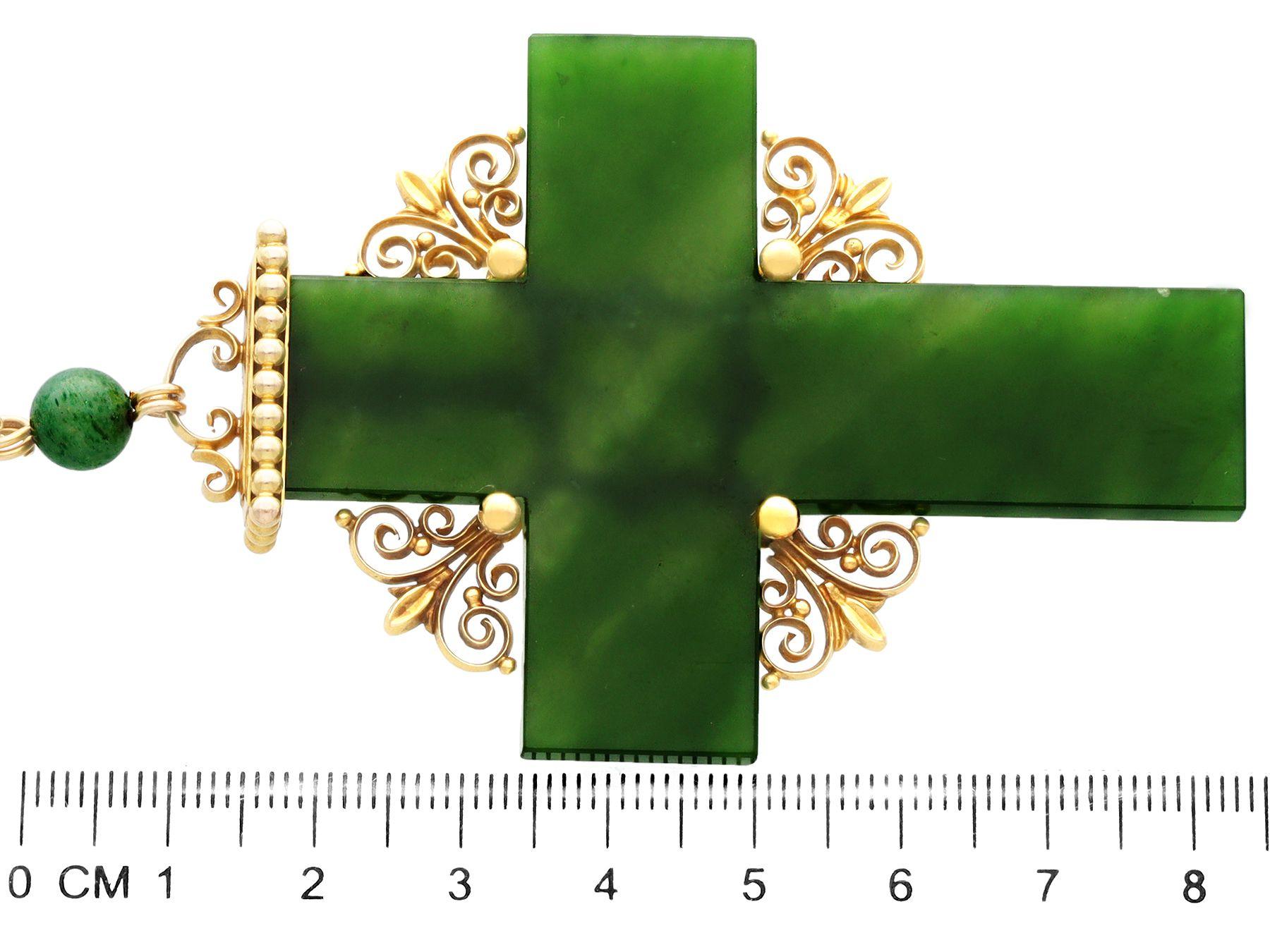 Bead Antique 39.32 Carat Nephrite and Yellow Gold Cross Pendant For Sale