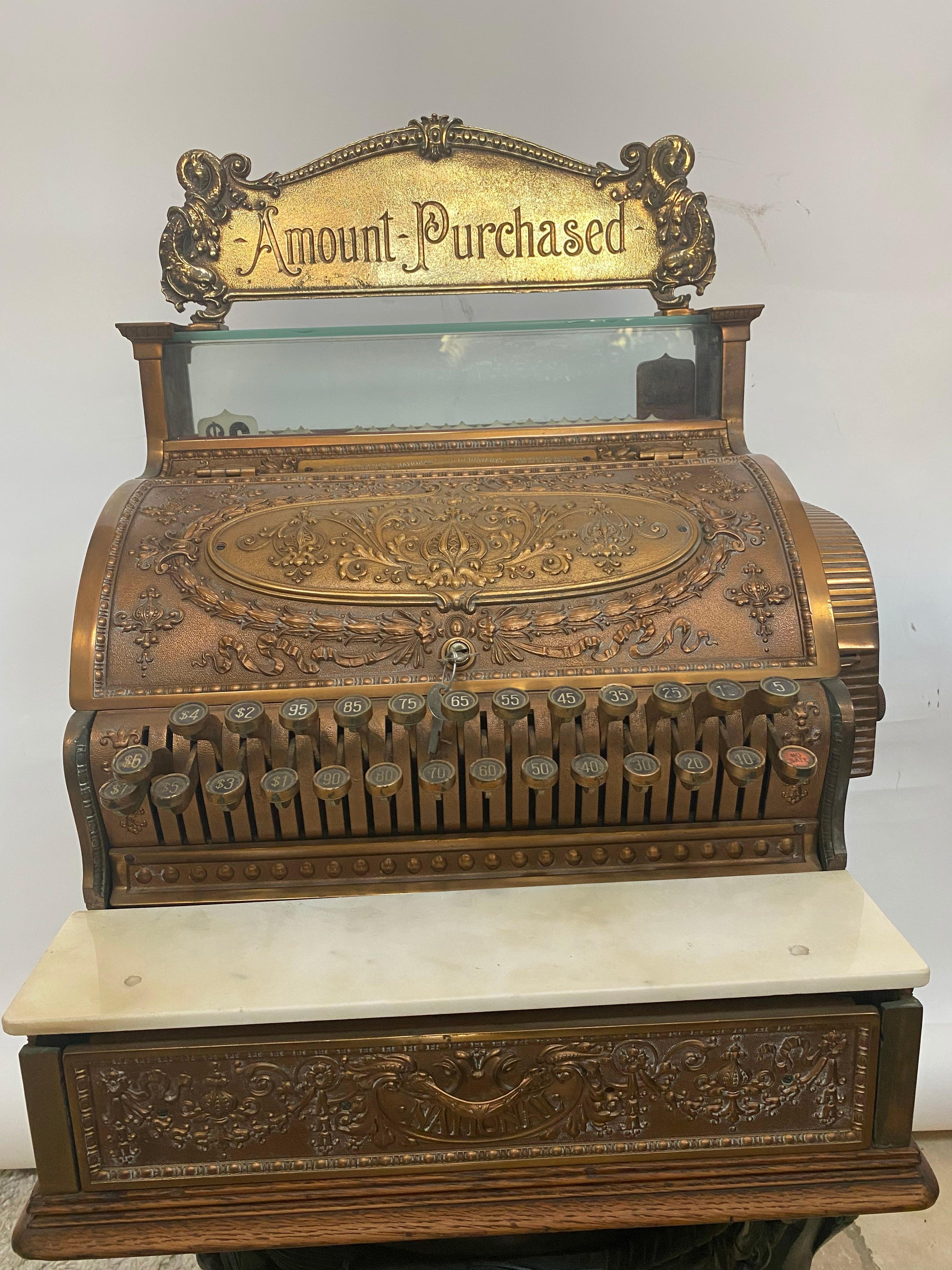 Antique National Cash Register Company cash bronze excellent condition, Amount Purchased, 395 styles and sizes 1200 U.S. and foreign pats, national cash register CO, Dayton Ohio USA, see special patent Liston cash drawer. Size number 47 1/2, factory