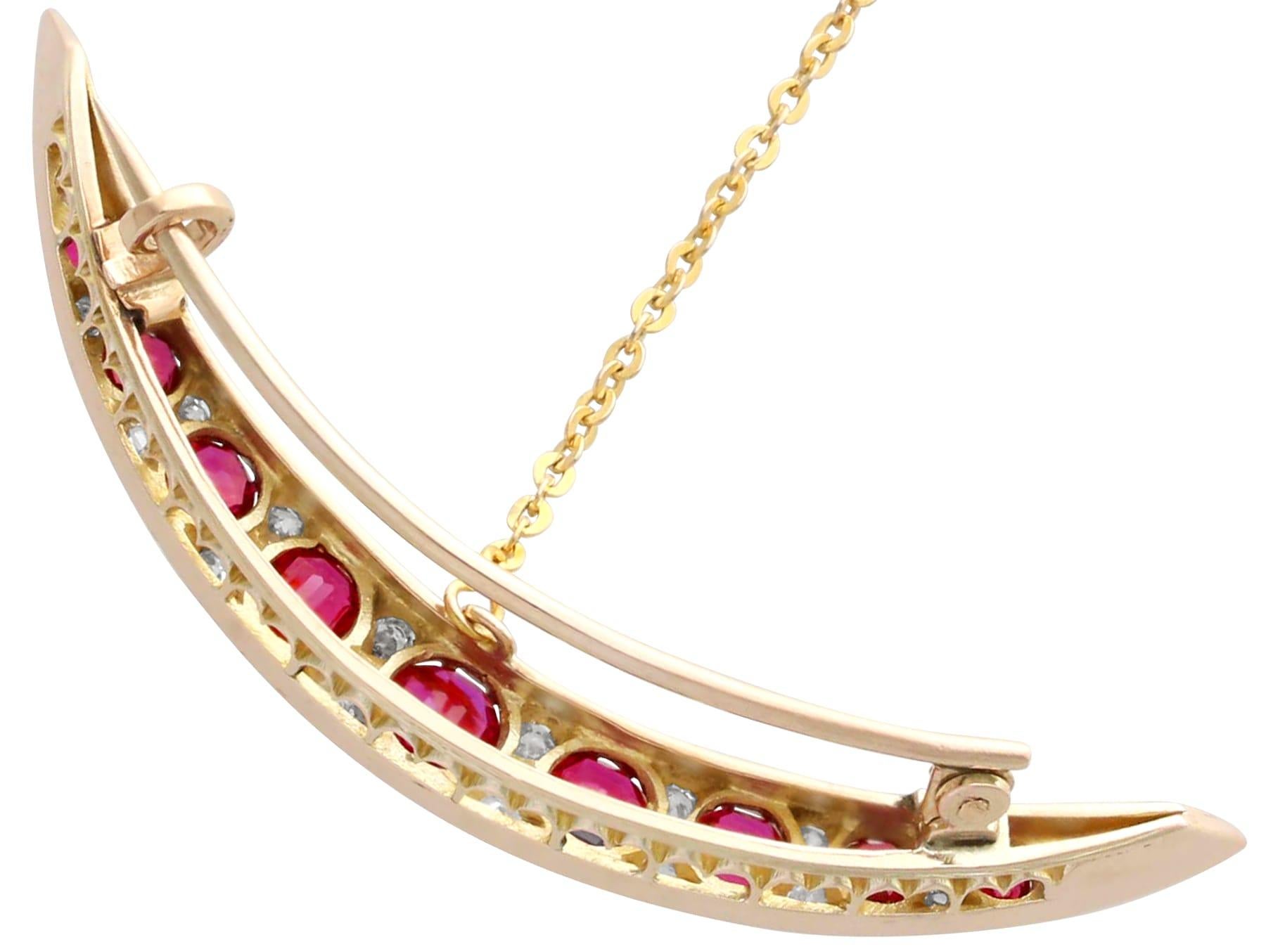 Women's or Men's Antique 3.95 Carat Ruby, Diamond Crescent Brooch in 8k Yellow Gold For Sale