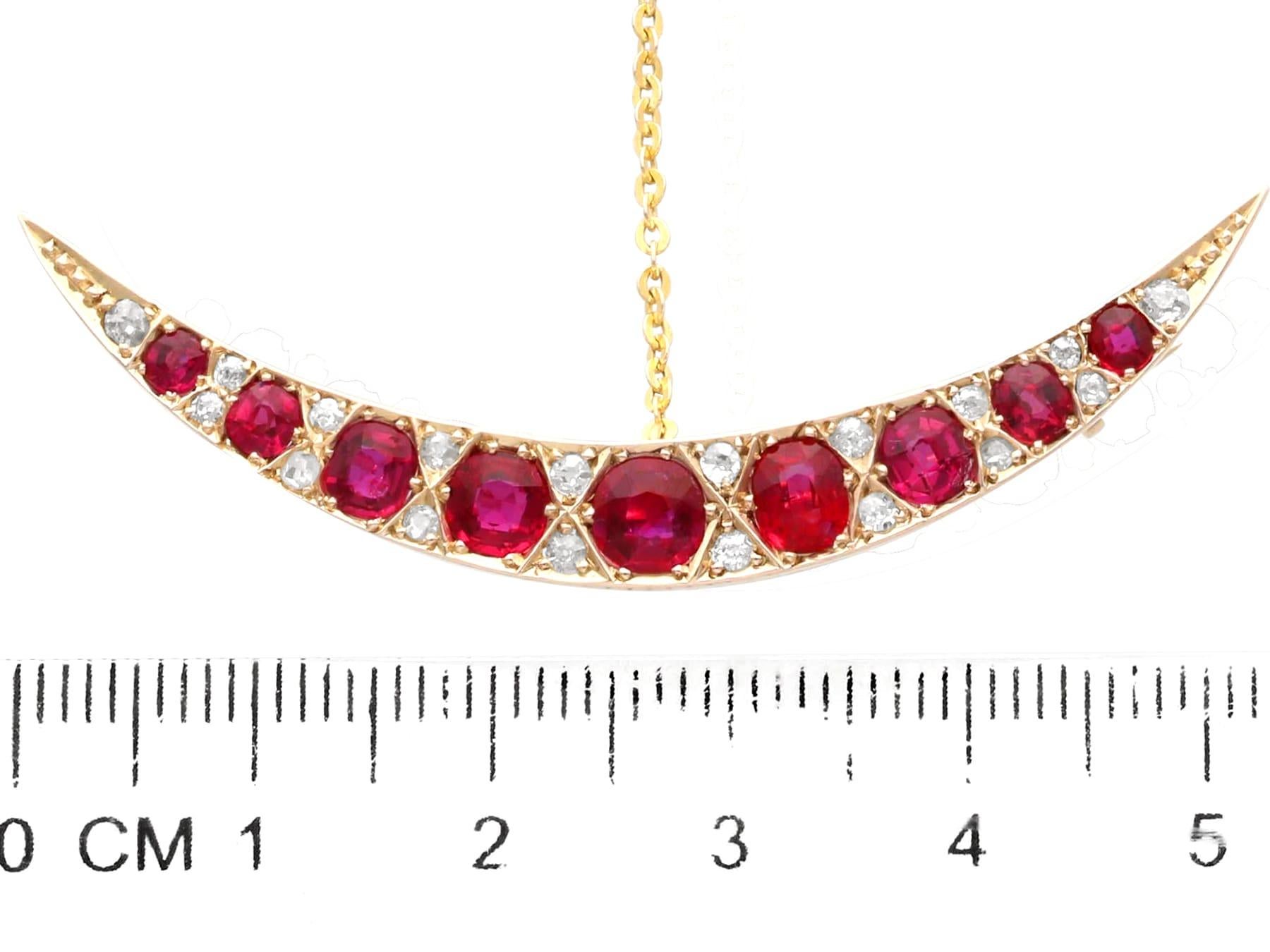 Antique 3.95 Carat Ruby, Diamond Crescent Brooch in 8k Yellow Gold For Sale 2