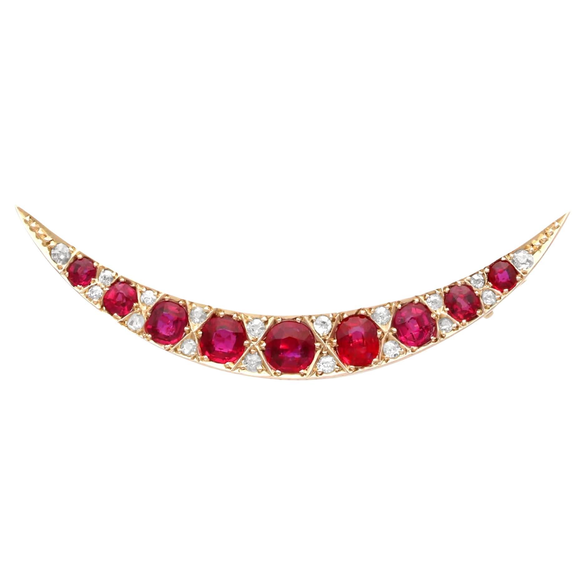 Antique 3.95 Carat Ruby, Diamond Crescent Brooch in 8k Yellow Gold