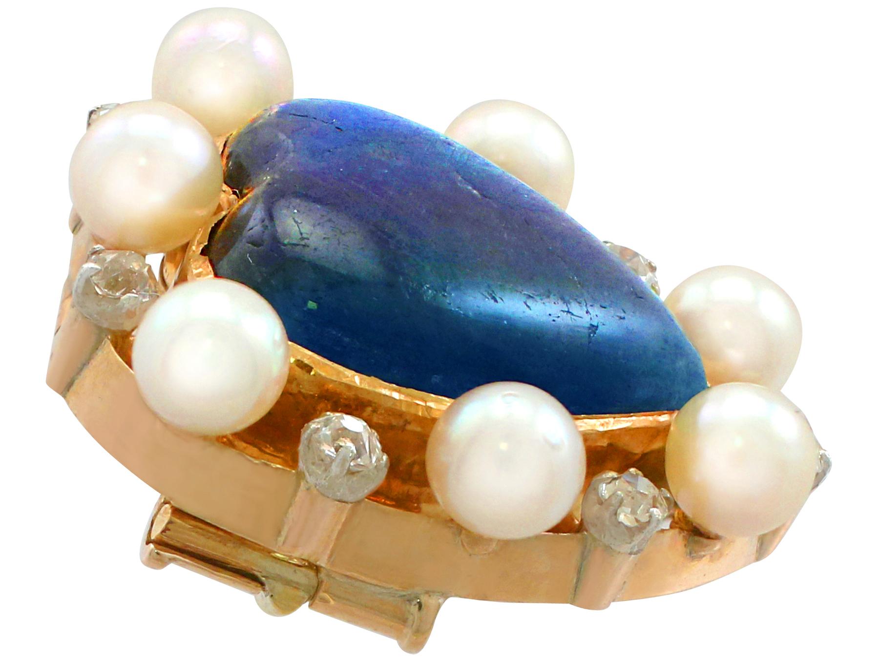 Victorian Antique 3.98Ct Cabochon Cut Labradorite and Seed Pearl Diamond and Gold Brooch For Sale