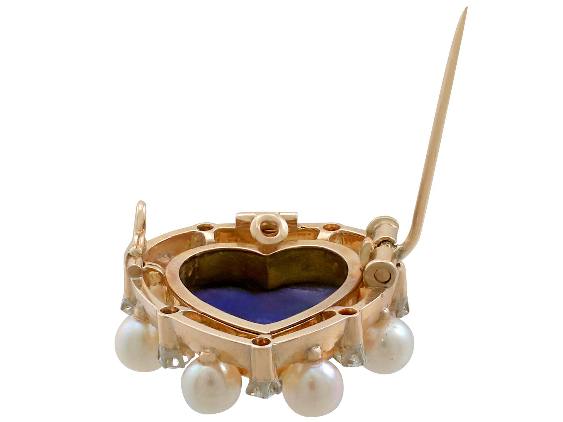Broche ancienne en or et diamants avec labradorite taille cabochon de 3,98 carats et perles de rocaille Pour femmes en vente