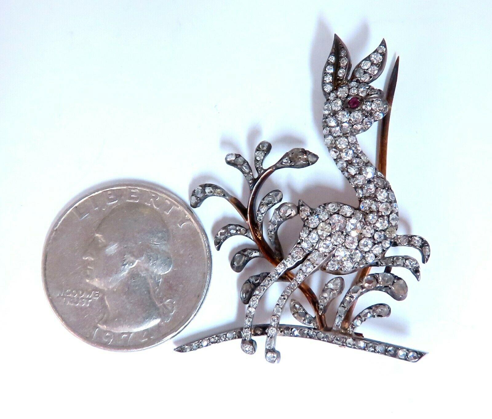Women's or Men's Antique 3ct Natural Diamonds Deer Pin 14kt For Sale