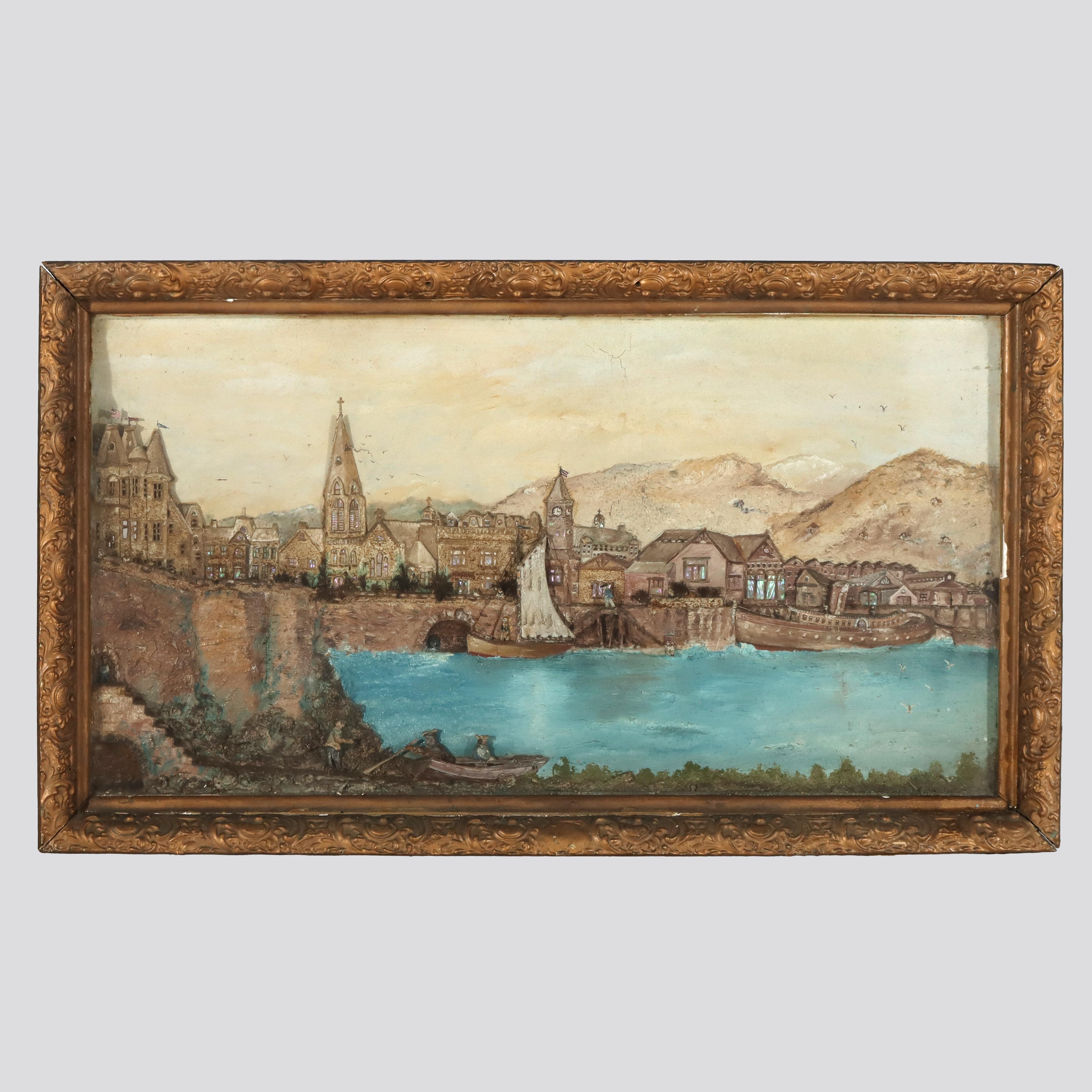 Antique 3D River Town Harbor Scene Diorama C1880 In Good Condition For Sale In Big Flats, NY