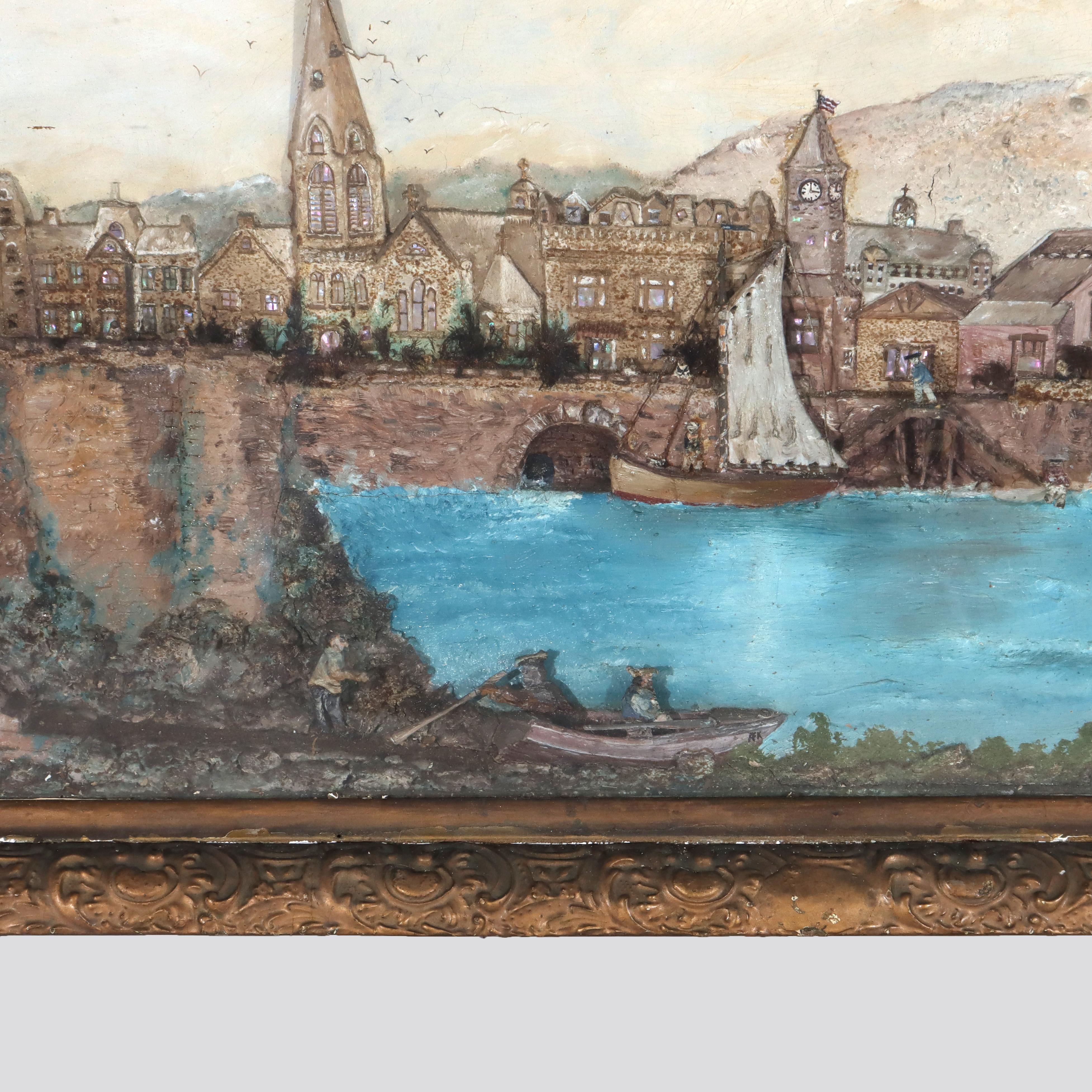 19th Century Antique 3D River Town Harbor Scene Diorama C1880 For Sale