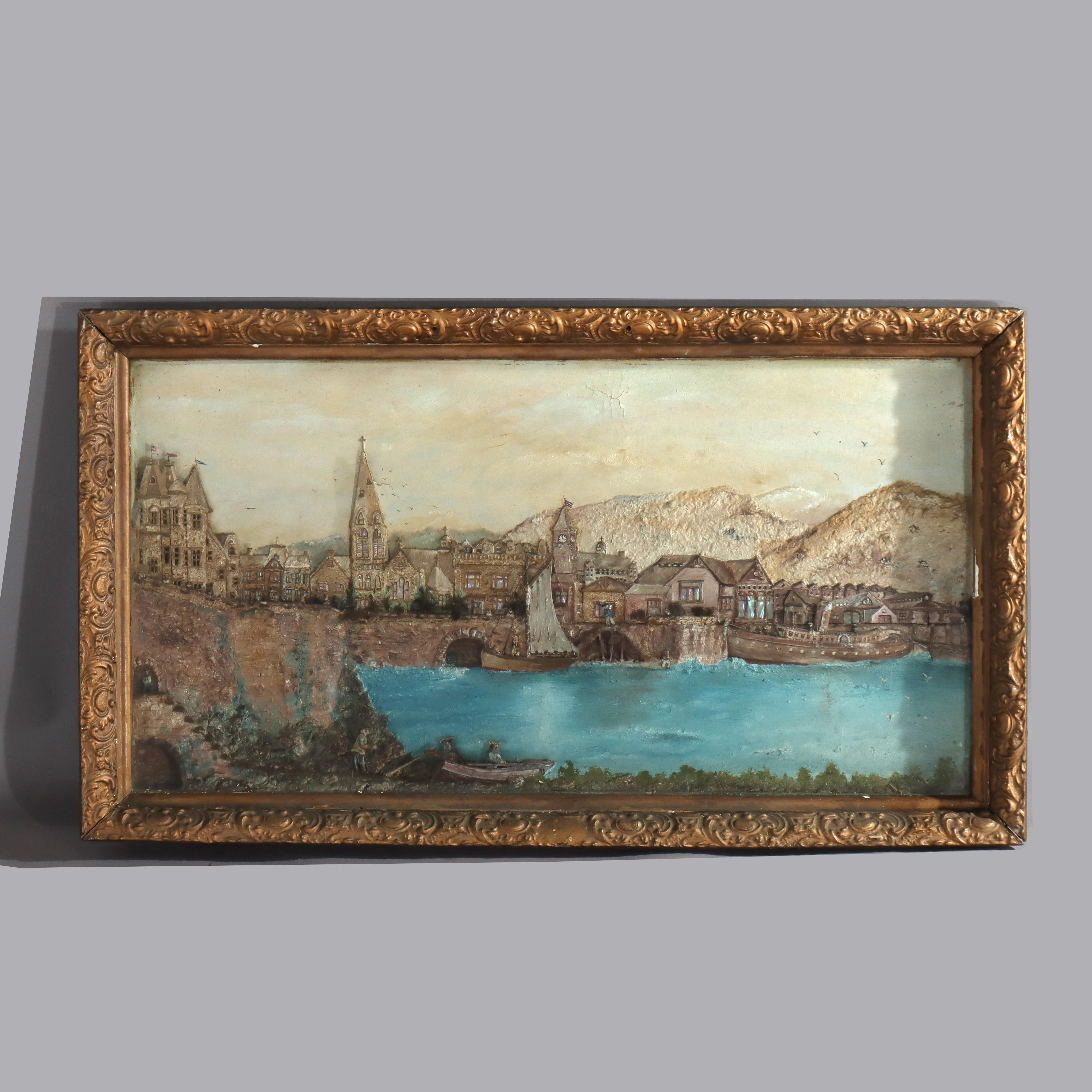 Glass Antique 3D River Town Harbor Scene Diorama C1880 For Sale