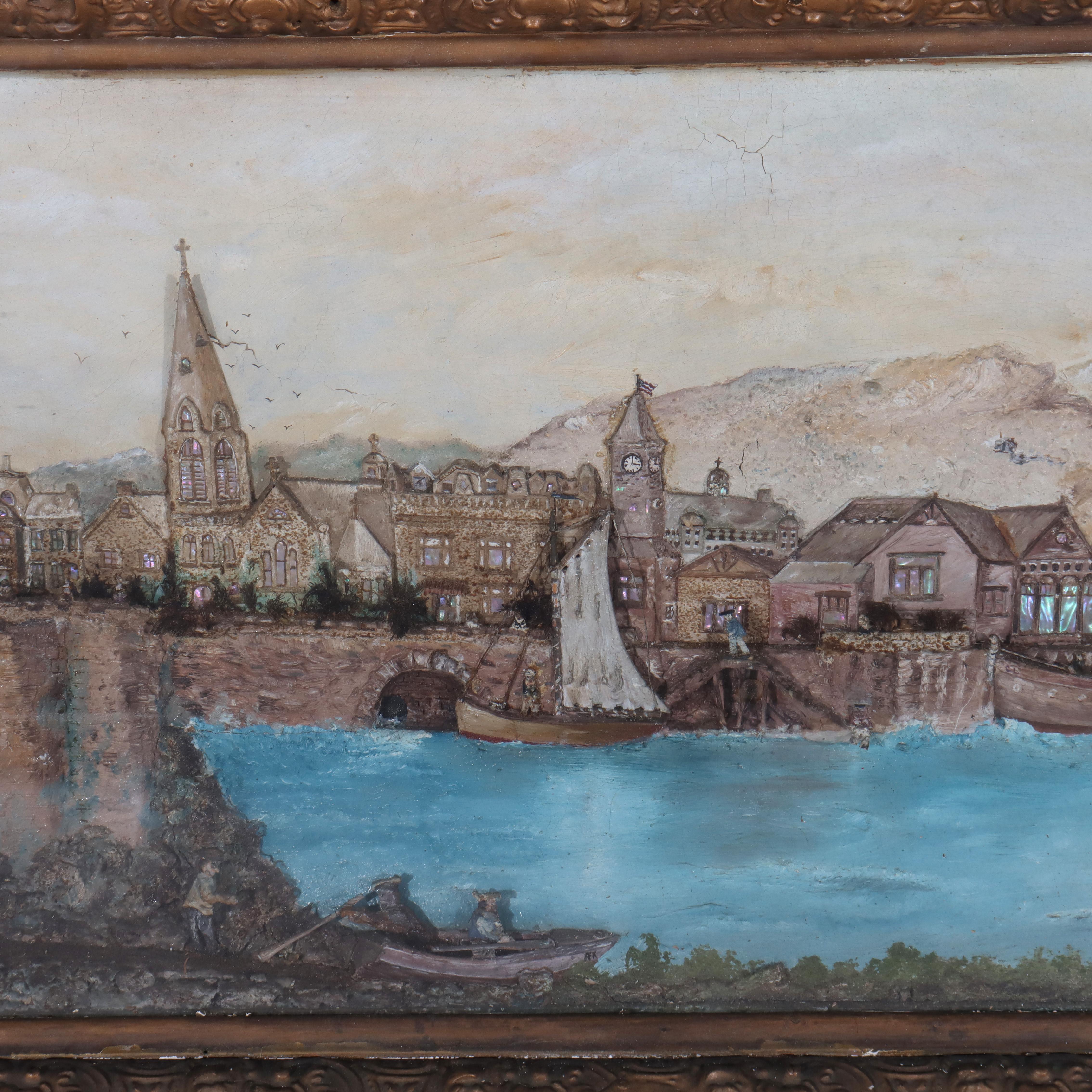 Antique 3D River Town Harbor Scene Diorama C1880 For Sale 1