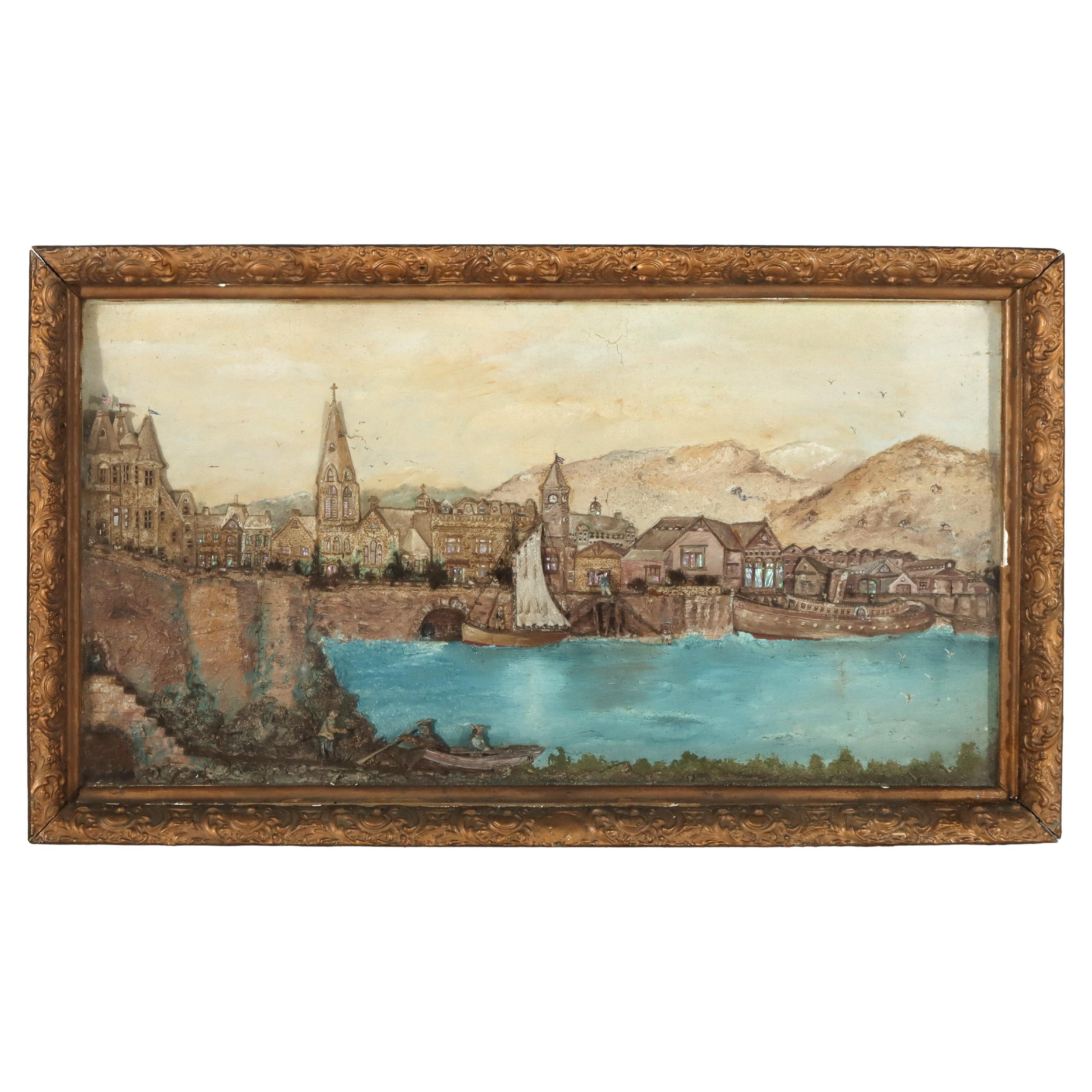 Antique 3D River Town Harbor Scene Diorama C1880 For Sale