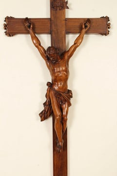 Antique 3ft French Patinated Walnut Corpus Christi Altar Cross 19th Century