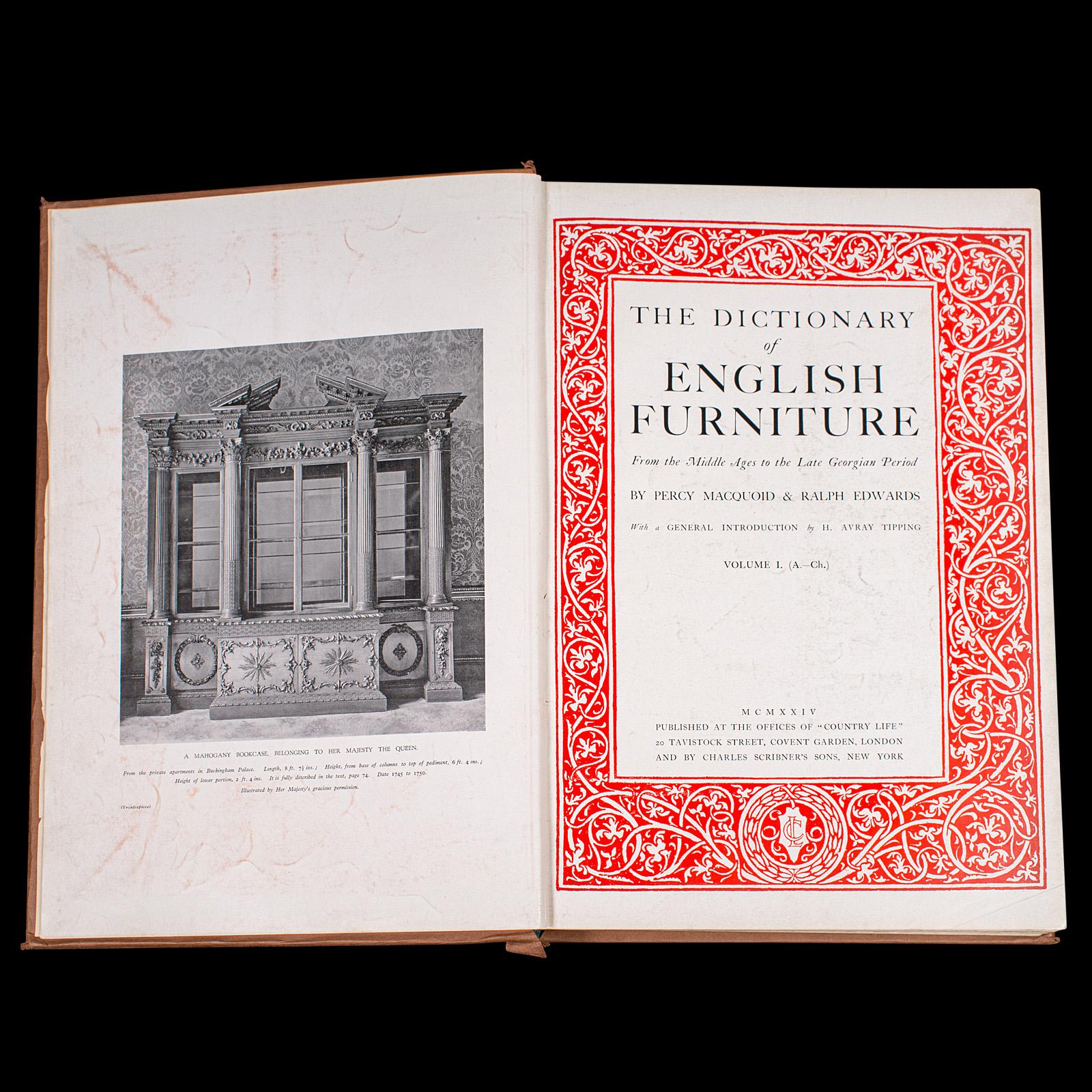 Conjunto de libros antiguos de 3 volúmenes, Diccionario de muebles ingleses, Macquoid, Referencia, A-Z Moderno de mediados de siglo en venta