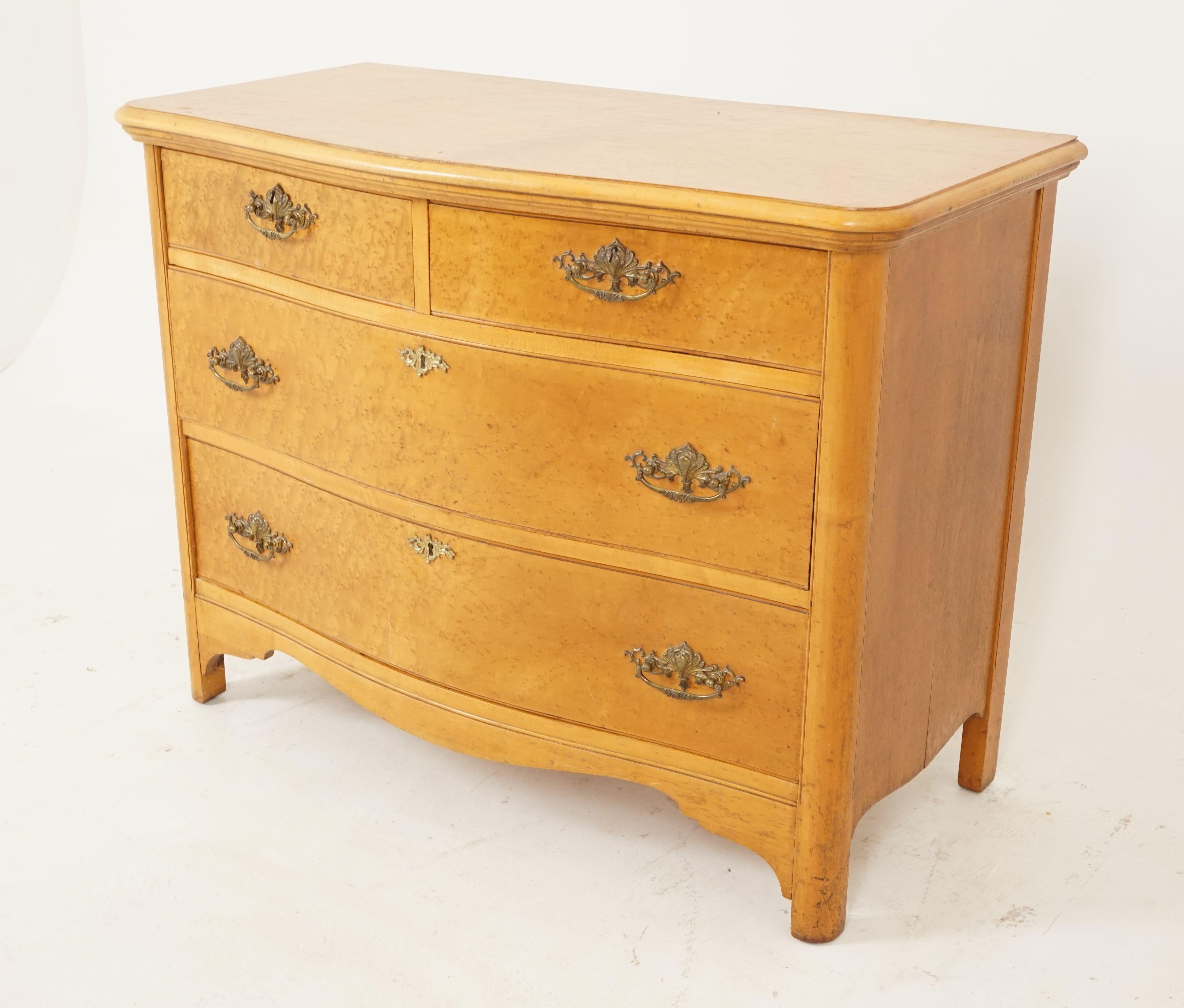 Antique 4 drawer birds eye maple dresser, America 1920, B2550

America 1920
Solid Maple and veneer
Original finish
Serpentine top
Pair of small dovetailed bow front drawers
With a pair of large dovetailed drawers underneath
Original brass