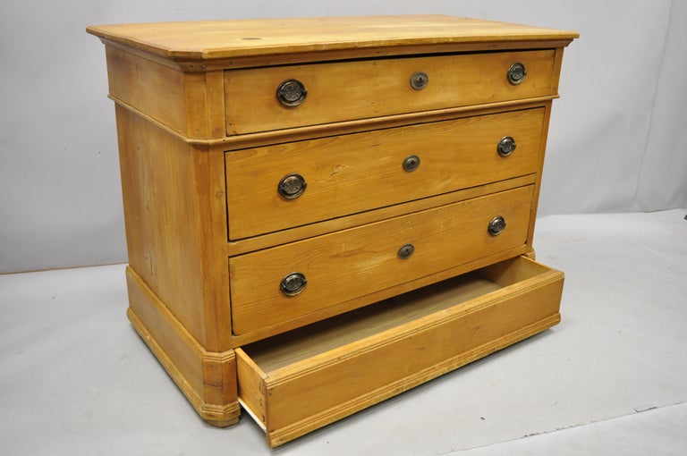 Antique 4 Drawer Primitive Rustic Pine Wood Low Chest Dresser With
