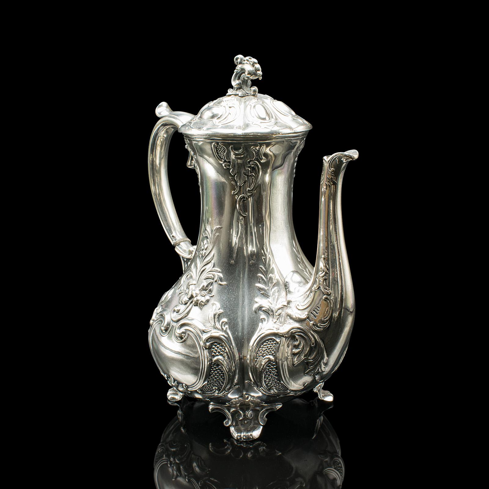 Édouardien Service à thé 4 pièces ancien, anglais, en métal argenté, cafetière, édouardien, 1910 en vente