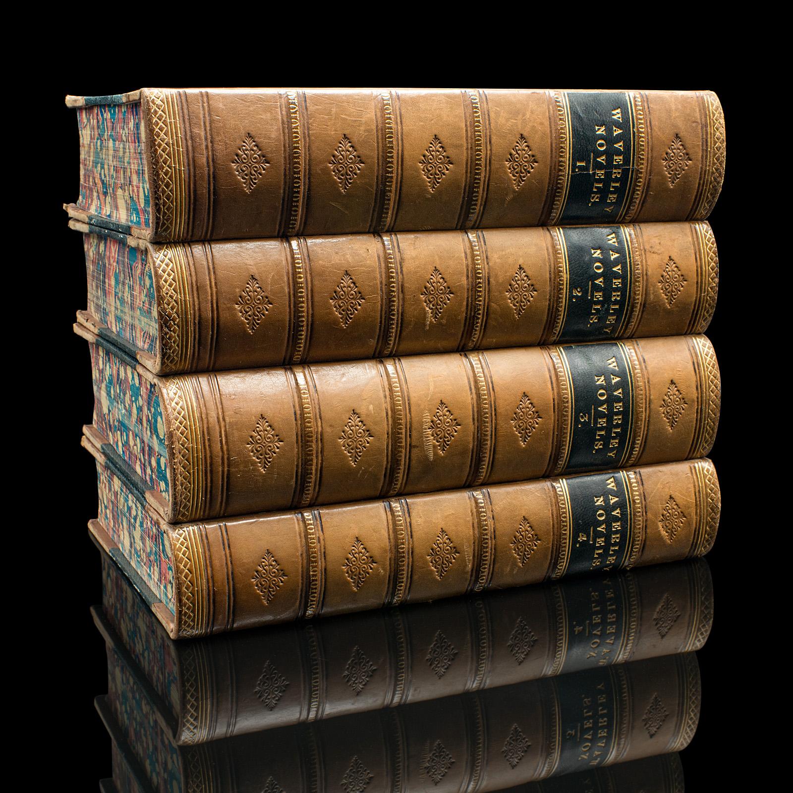 
This is an antique 4 volume set of The Waverley Novels by Sir Walter Scott. A Scottish, bound collection of literary interest, dating to the Victorian period, published 1868.

A prominent Scottish author, Sir Walter Scott (1771 - 1832) is well