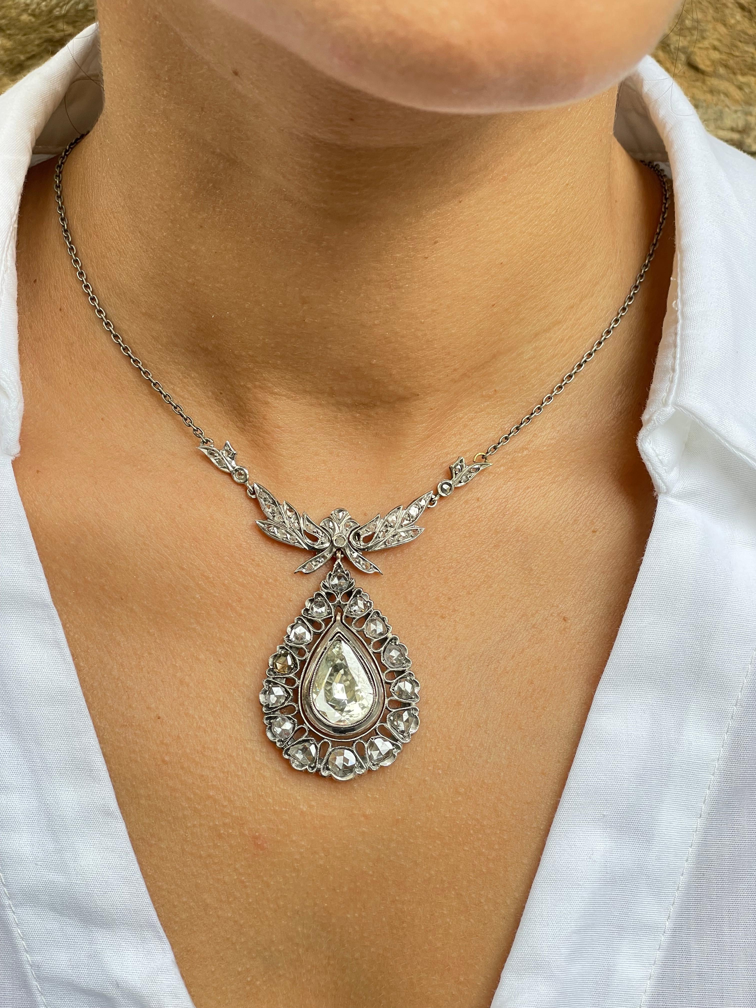 Antike 4,00 Karat russische Diamant 14k & Silber Halskette im Rosenschliff im Zustand „Hervorragend“ im Angebot in Firenze, FI