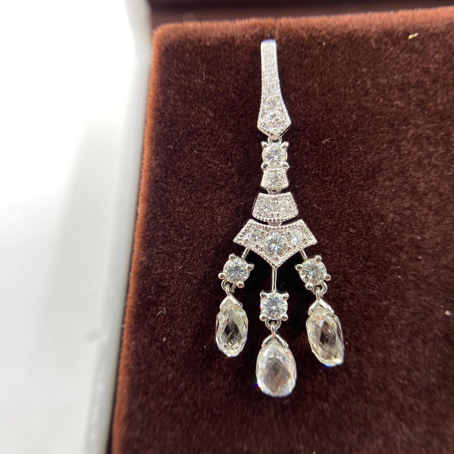 Briolette Cut Vintage Briolette 4.02ct Rose cut Diamond Dangle Earring in 18K White Gold For Sale