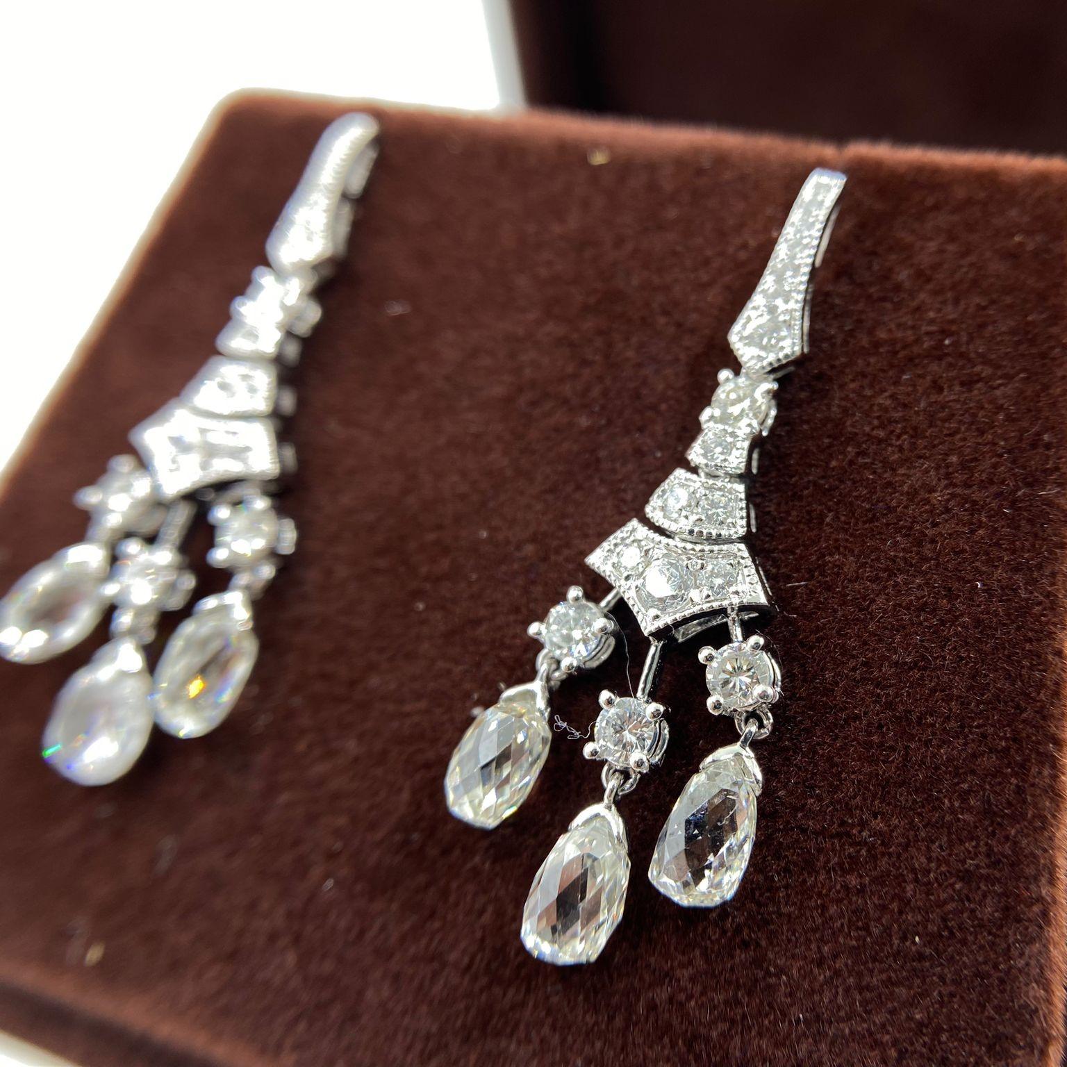 Vintage Briolette 4.02ct Rose cut Diamond Dangle Earring in 18K White Gold In New Condition For Sale In Hong Kong, HK