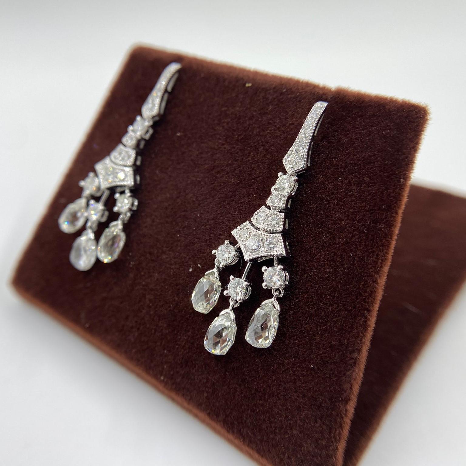 Women's Vintage Briolette 4.02ct Rose cut Diamond Dangle Earring in 18K White Gold For Sale