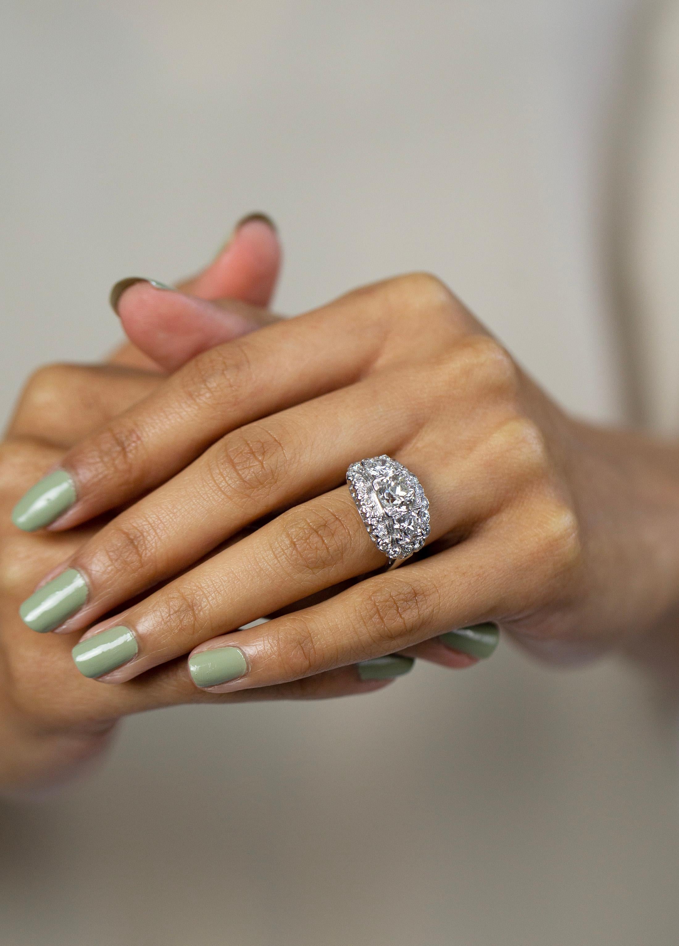 Antique 1.64 Carats Old European Cut Diamond Halo Engagement Ring in Platinum For Sale 2