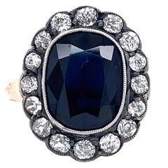 Antique 4.06 Carat Oval Cut Sapphire Diamond 18 Karat Gold Cluster Ring