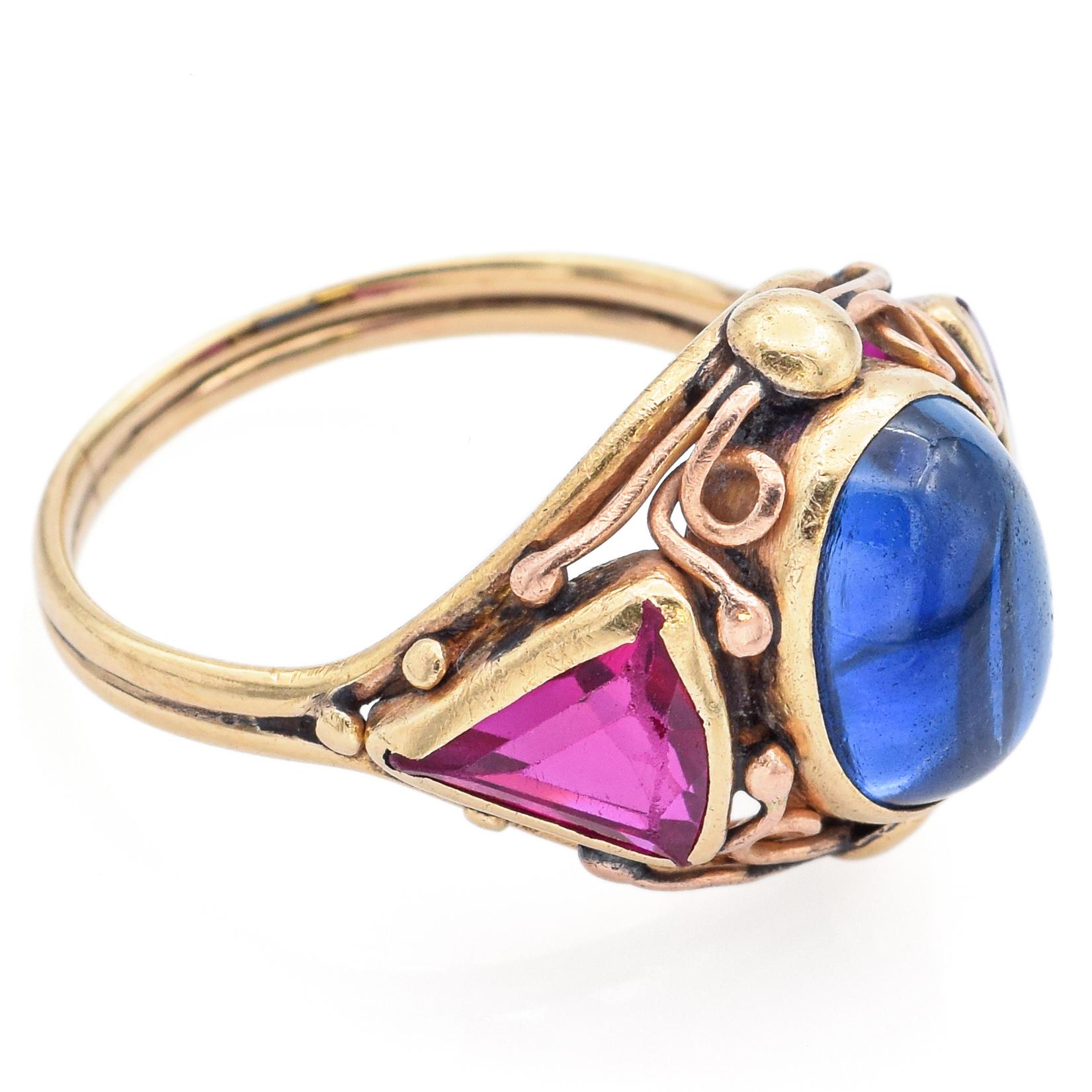 Women's Antique 4.06 Ct Lab Sapphire & Ruby Yellow Gold Band Ring Size 6 For Sale