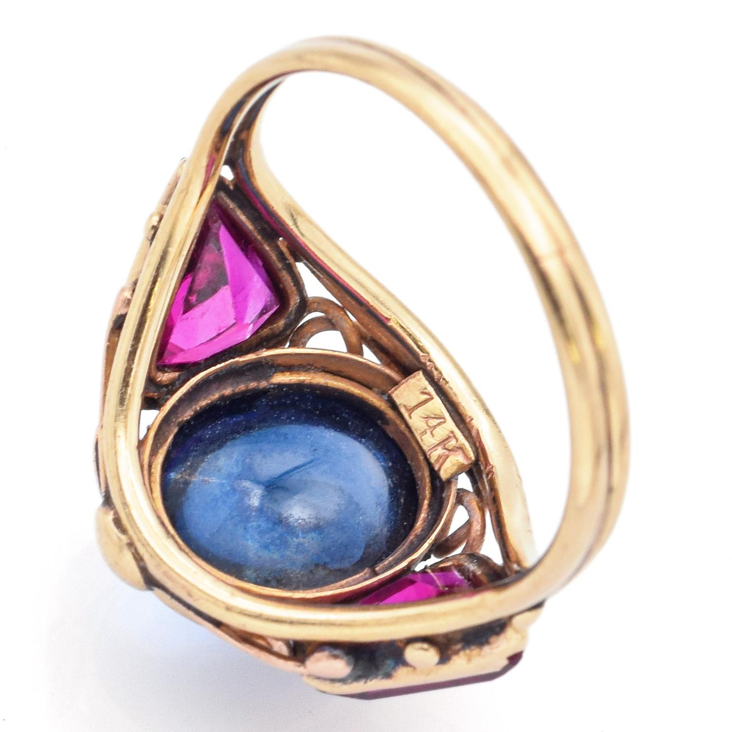 Antique 4.06 Ct Lab Sapphire & Ruby Yellow Gold Band Ring Size 6 For Sale 1