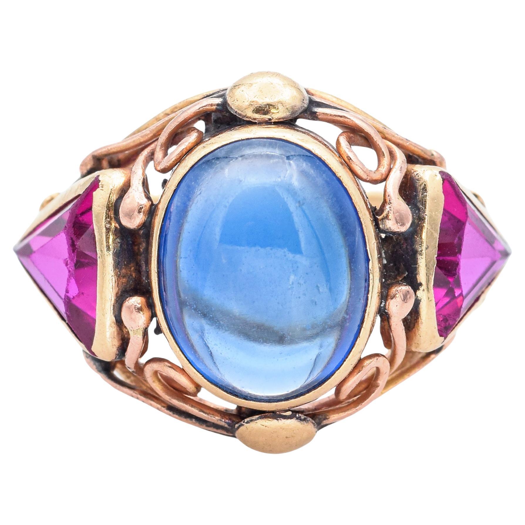 Antique 4.06 Ct Lab Sapphire & Ruby Yellow Gold Band Ring Size 6 For Sale