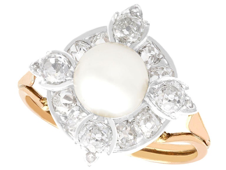 Antique 4.08ct Diamond and Pearl Yellow Gold Earring and Ring Set