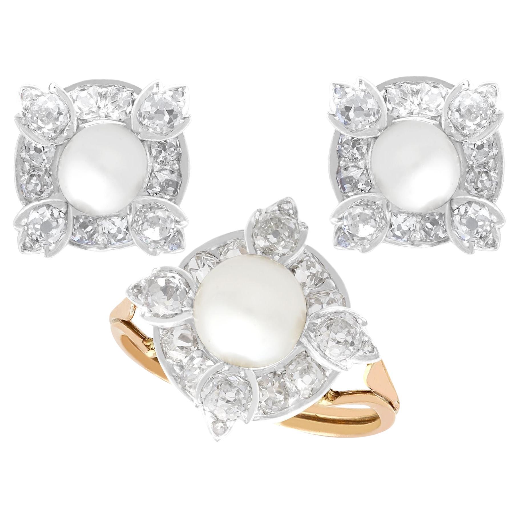 Antique 4.08Ct Diamond and Pearl Yellow Gold Earring and Ring Set Circa 1870 For Sale