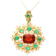 Antique 4.10ct Garnet 1.36ct Emerald and Diamond 18k Yellow Gold Pendant/Brooch