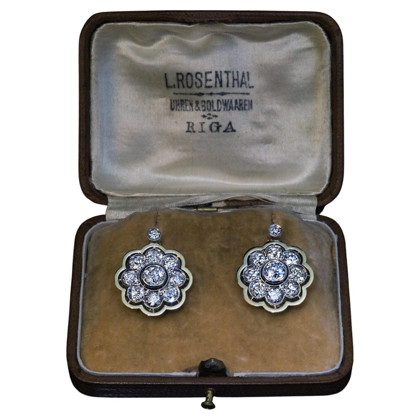 Antique 4.10 Ct Diamond Platinum Gold Earrings For Sale