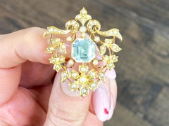 Antique 4.10Ct Aquamarine and Seed Pearl 15k Yellow Gold Pendant / Brooch
