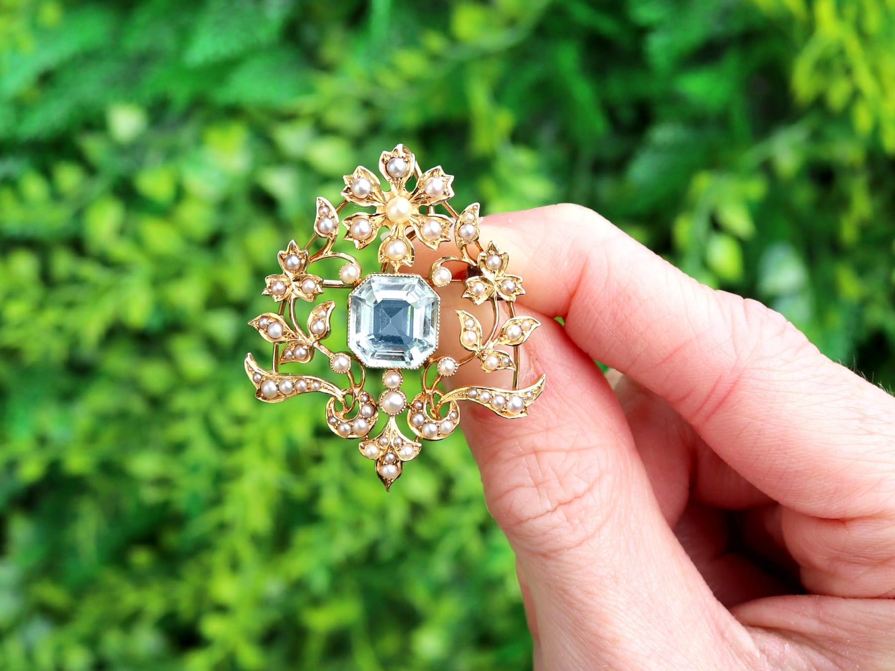 Square Cut Antique 4.10Ct Aquamarine and Seed Pearl 15k Yellow Gold Pendant / Brooch  For Sale