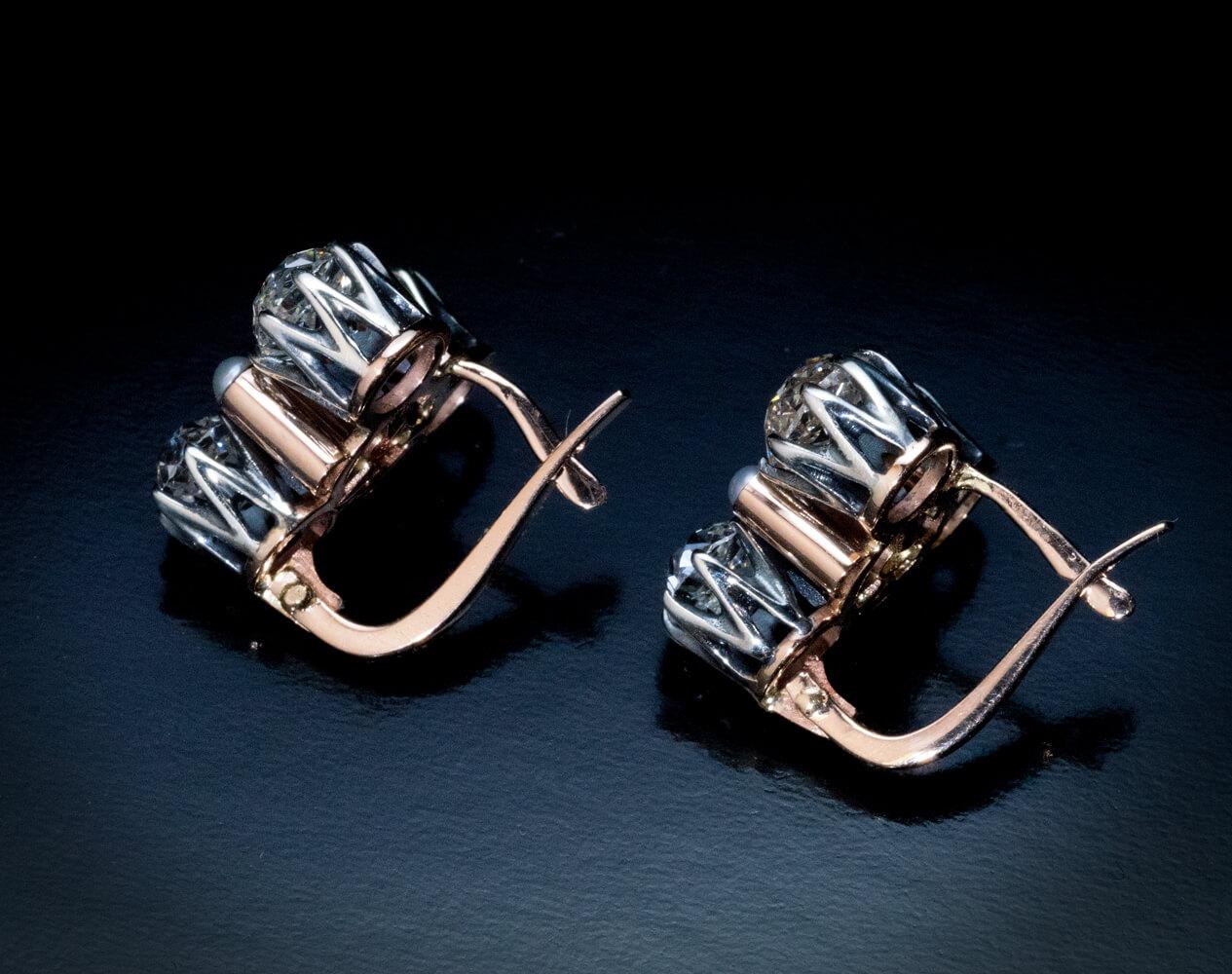 Antique 4.12 Ct Old Mine Cut Diamond Pearl Earrings For Sale 1