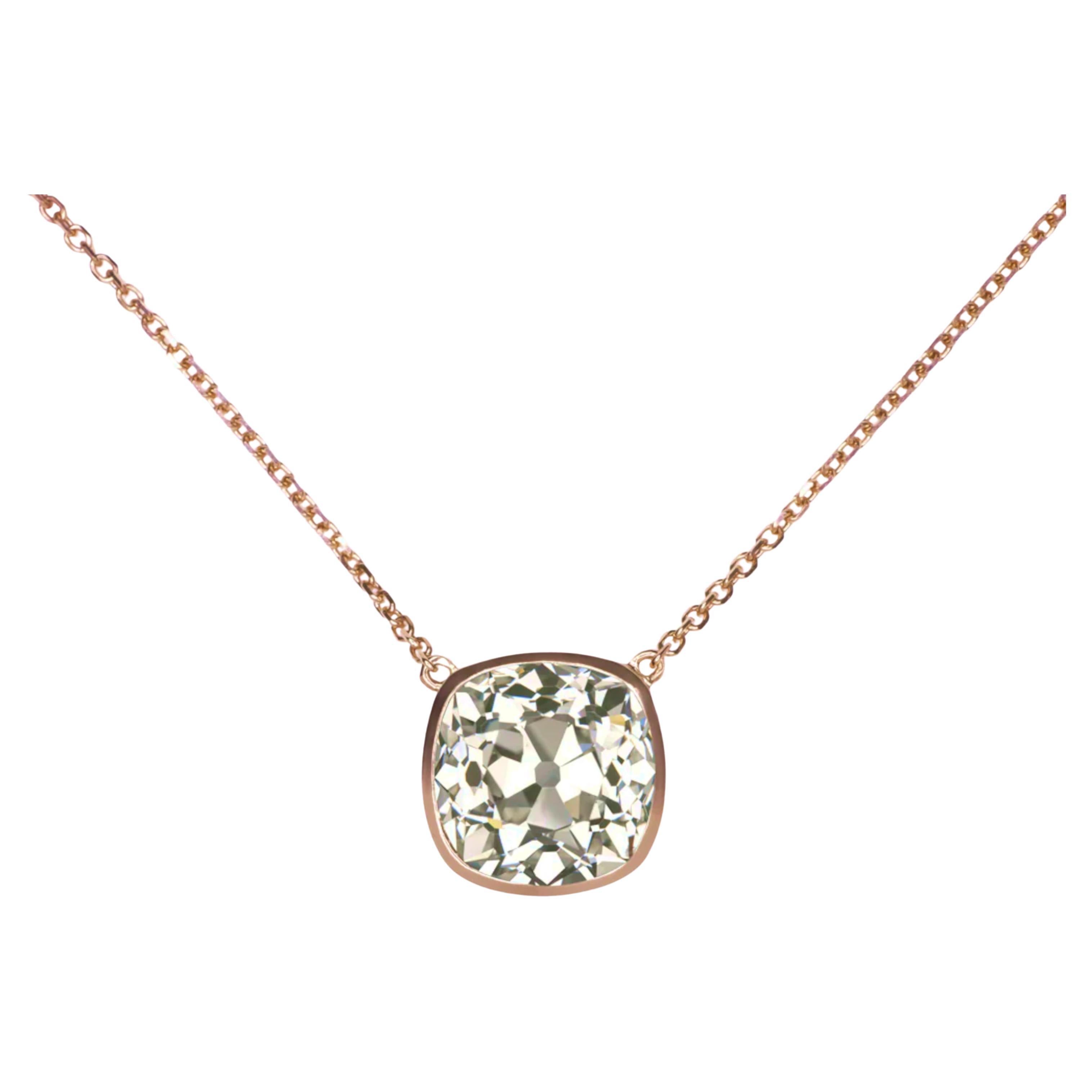 Modern Antique 4.17 Carats Old Mine Diamond Solitaire Necklace For Sale