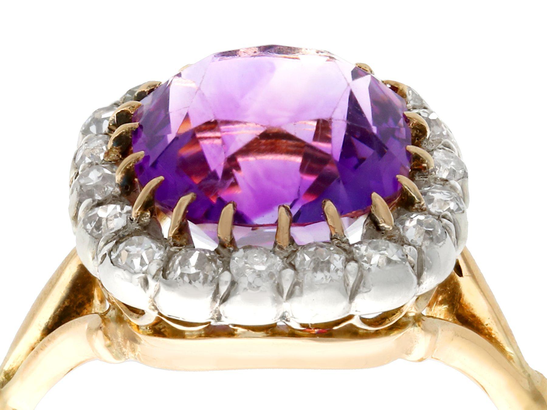 A stunning antique Victorian 4.20 carat amethyst and 0.48 carat diamond, 18 karat yellow and white gold dress ring; part of our diverse antique jewelry and estate jewelry collections.

This stunning, fine and impressive antique amethyst ring has