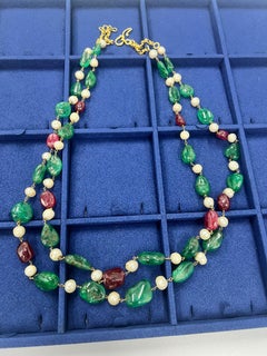 Antique 421 carats emerald ruby antique Pearls gold necklace, 50-100 year old