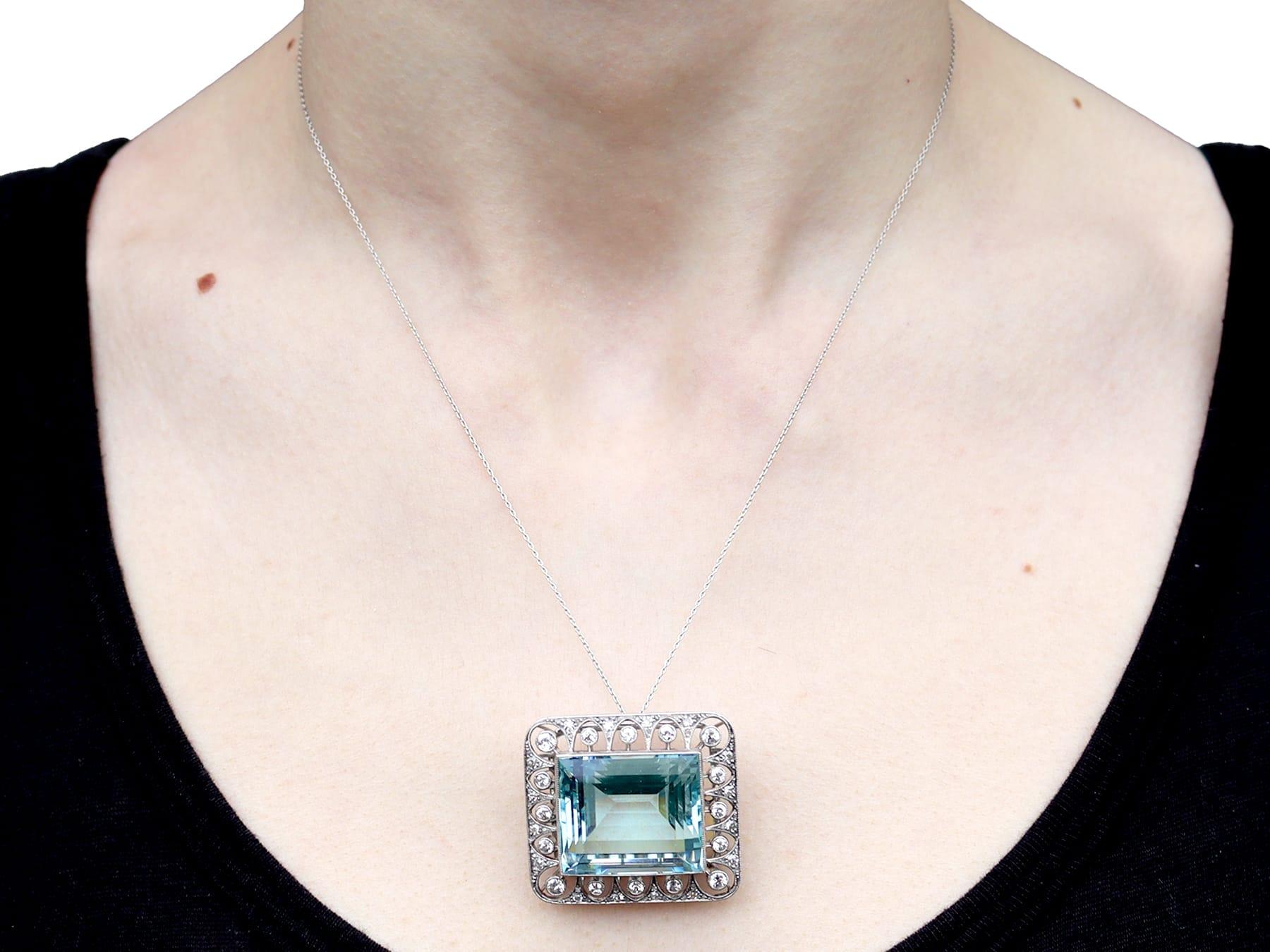 Antique 42.24Ct Aquamarine, 1.62Ct Diamond and Platinum Brooch / Pendant For Sale 7