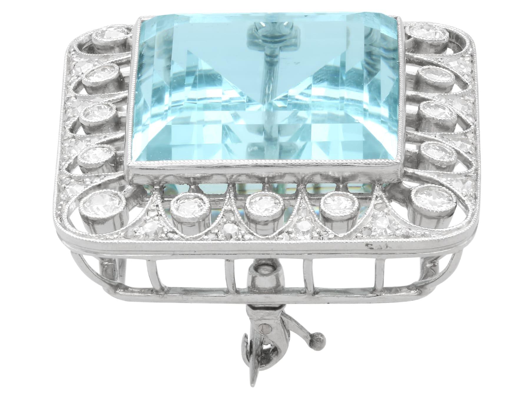 Emerald Cut Antique 42.24Ct Aquamarine, 1.62Ct Diamond and Platinum Brooch / Pendant For Sale