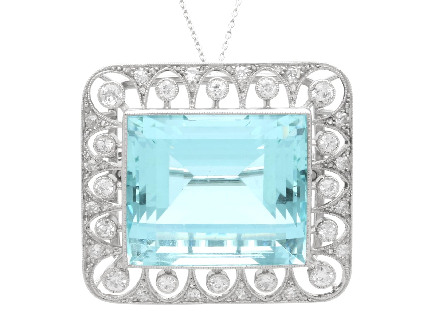 Antique 42.24Ct Aquamarine, 1.62Ct Diamond and Platinum Brooch / Pendant In Excellent Condition For Sale In Jesmond, Newcastle Upon Tyne