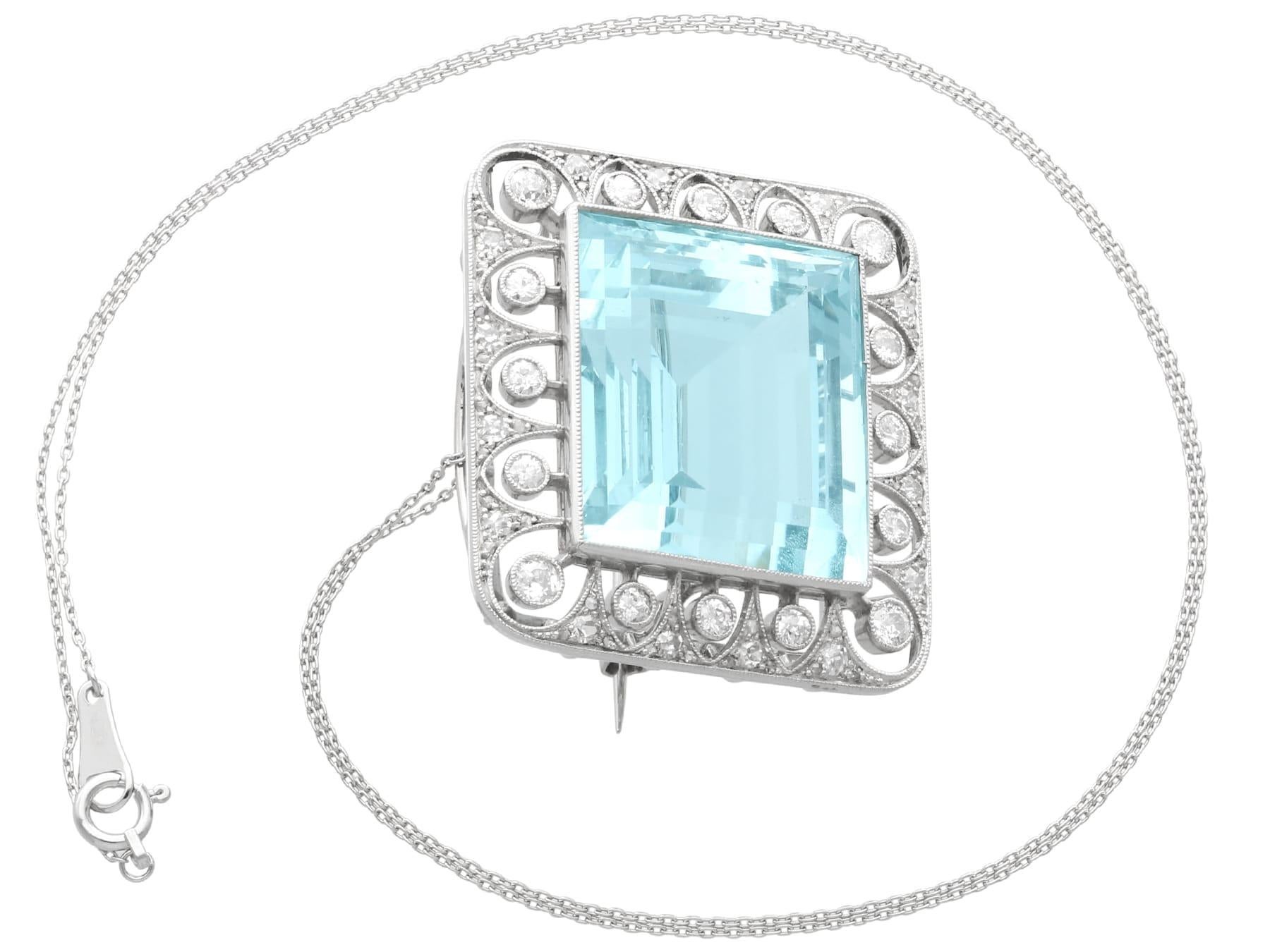 Women's or Men's Antique 42.24Ct Aquamarine, 1.62Ct Diamond and Platinum Brooch / Pendant For Sale
